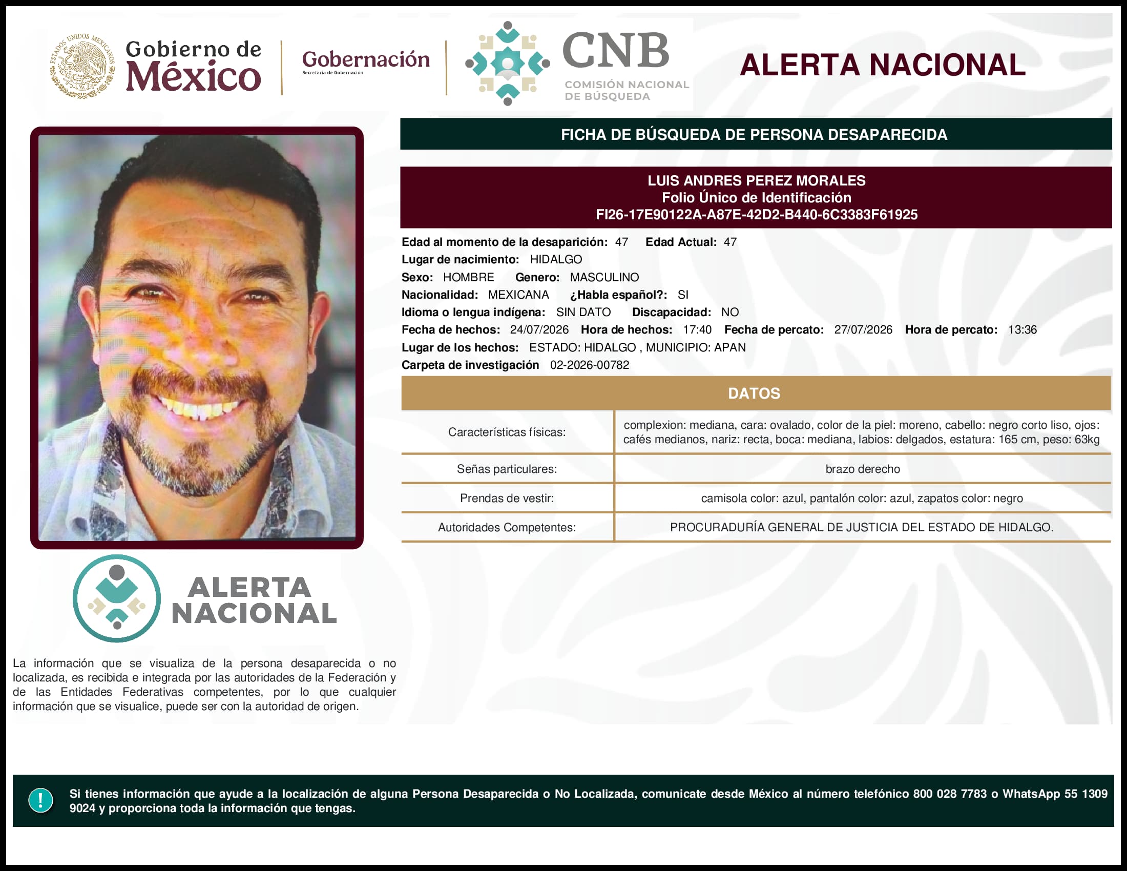 Persona desaparecida Luis Andres Perez Morales