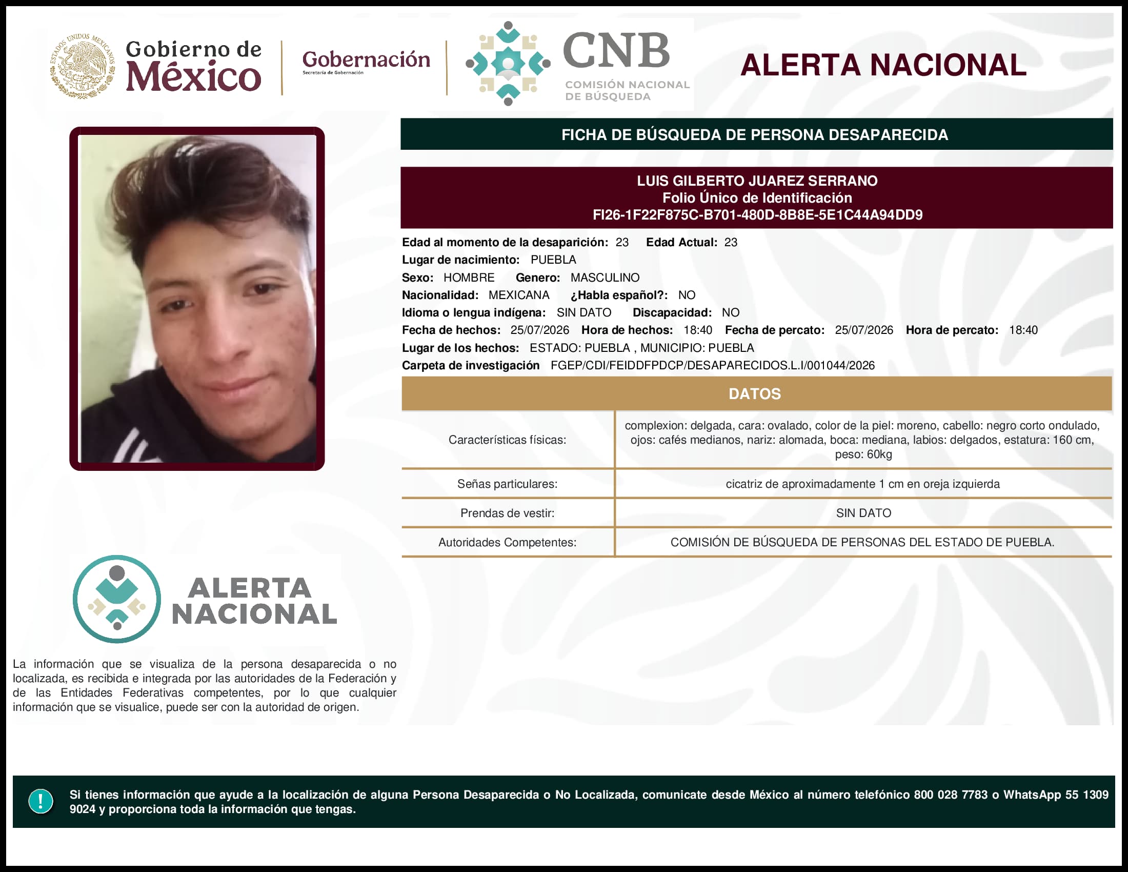 Persona desaparecida Luis Gilberto Juarez Serrano