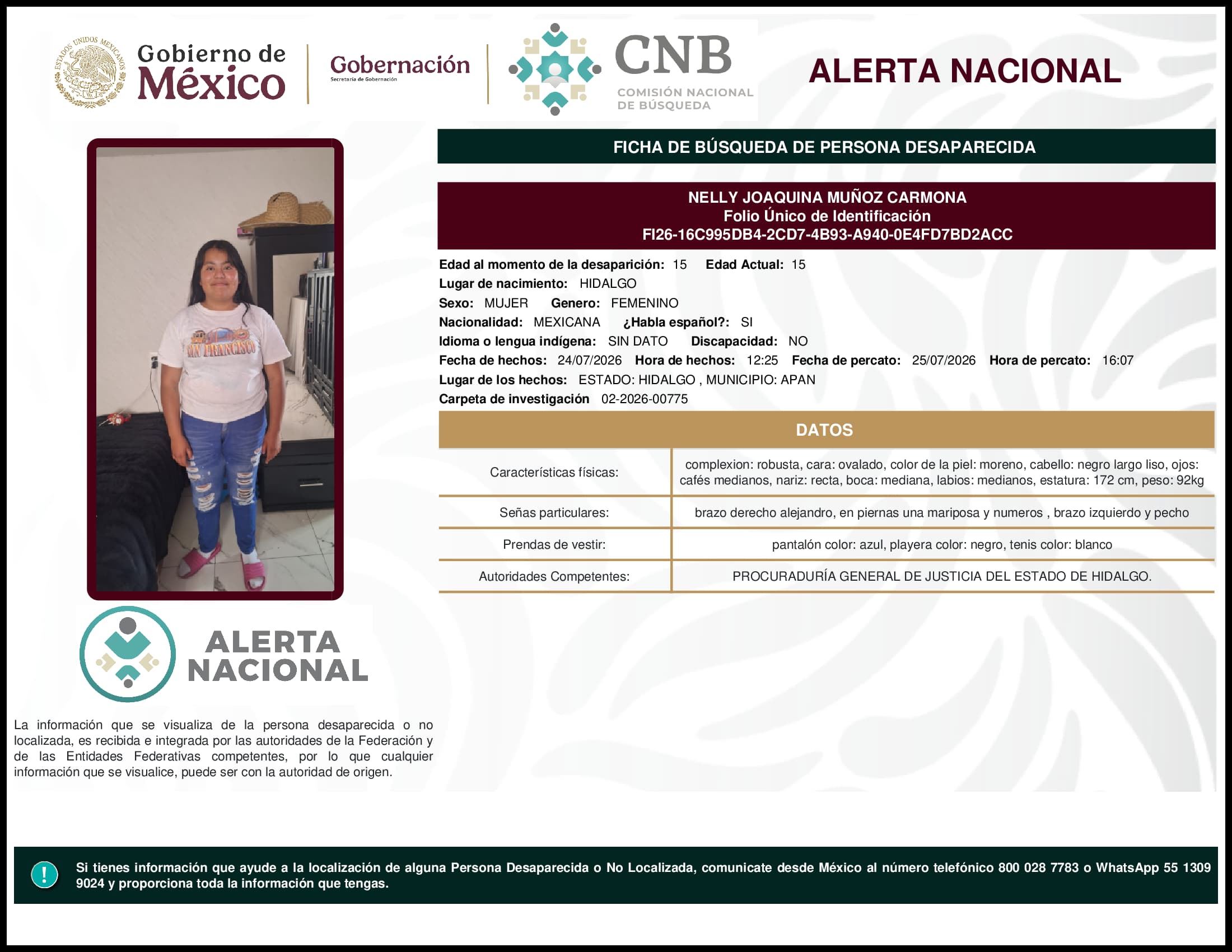 Persona desaparecida Nelly Joaquina Munoz Carmona