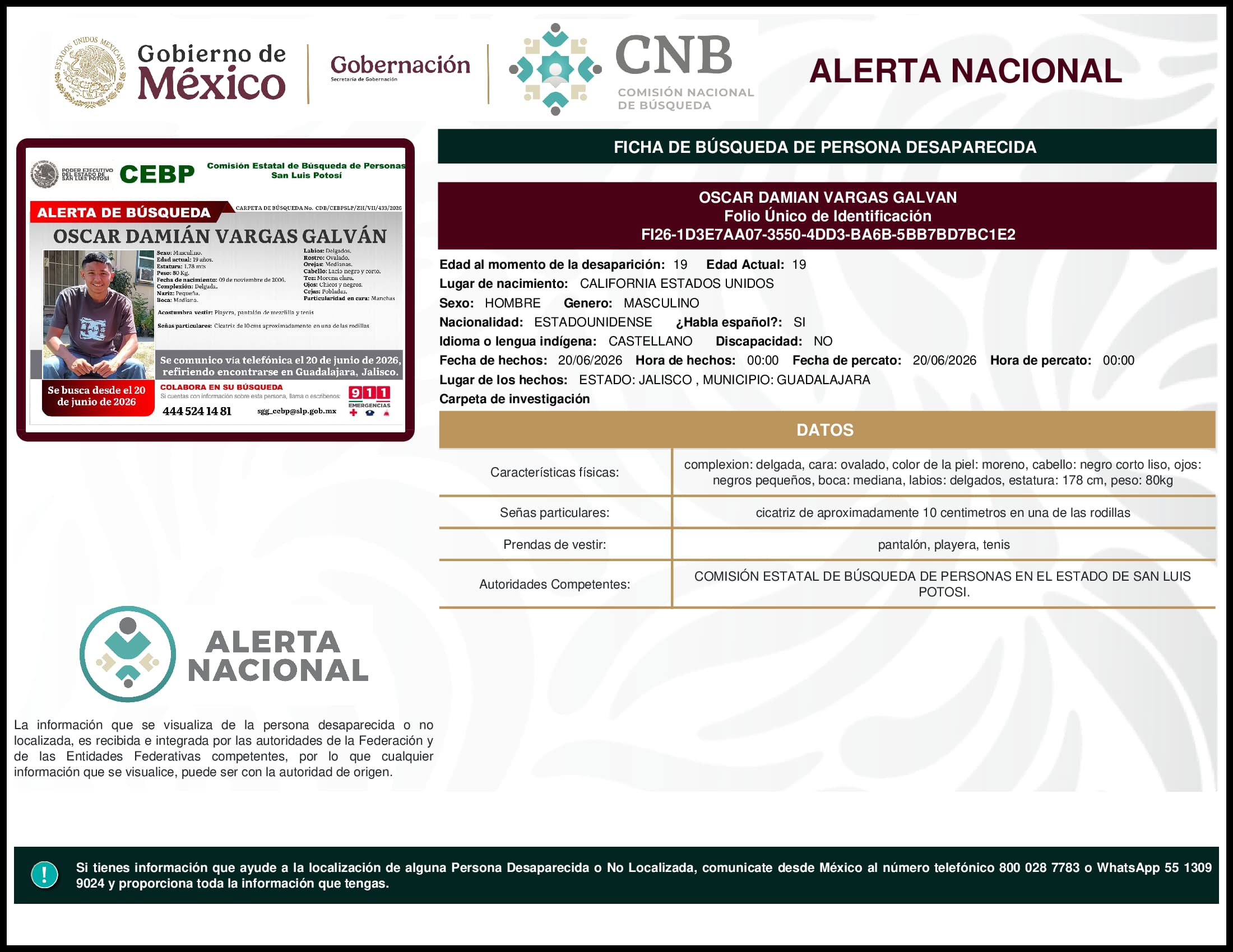 Persona desaparecida Oscar Damian Vargas Galvan