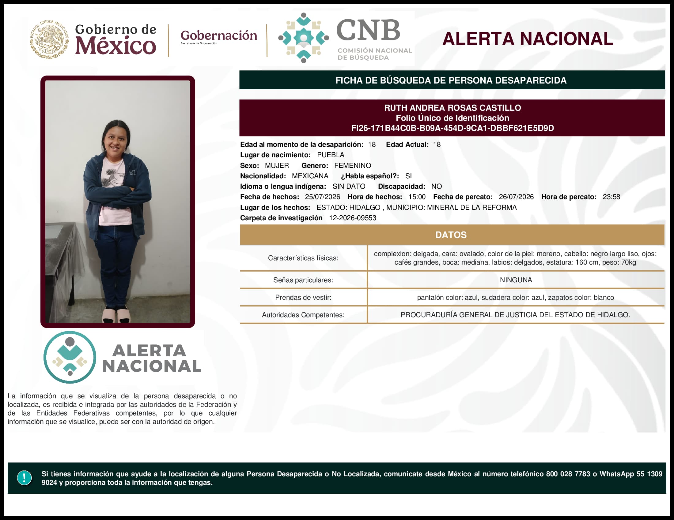 Persona desaparecida Ruth Andrea Rosas Castillo