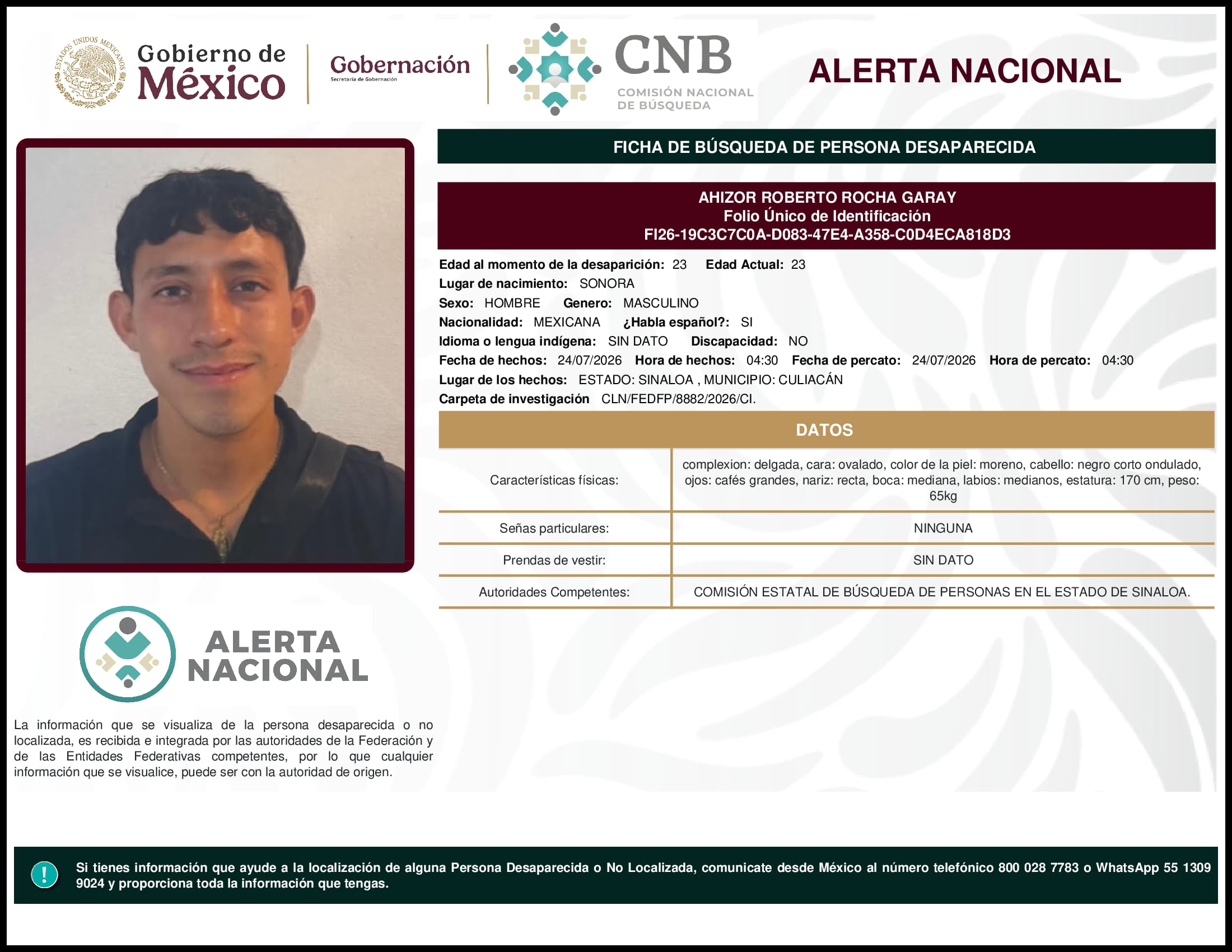 Persona desaparecida Ahizor Roberto Rocha Garay
