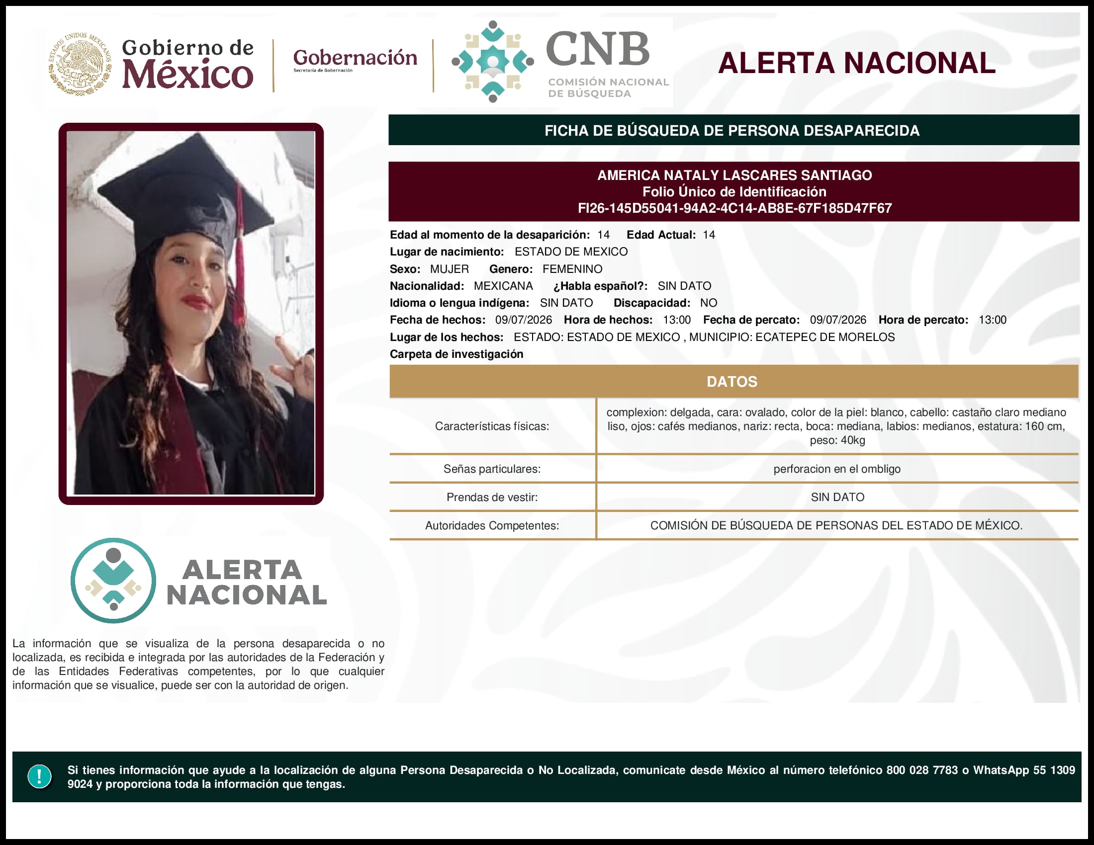 Persona desaparecida America Nataly Lascares Santiago