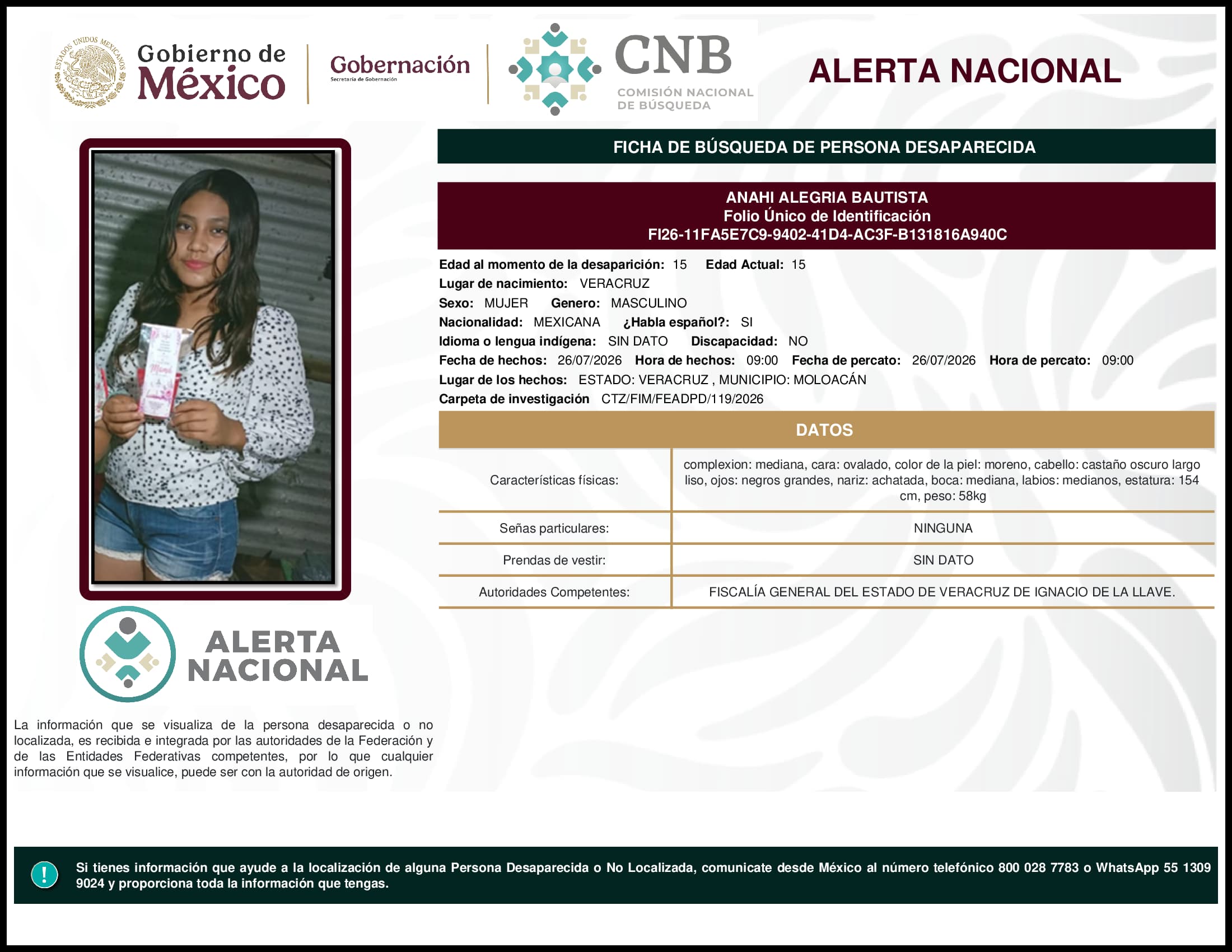 Persona desaparecida Anahi Alegria Bautista