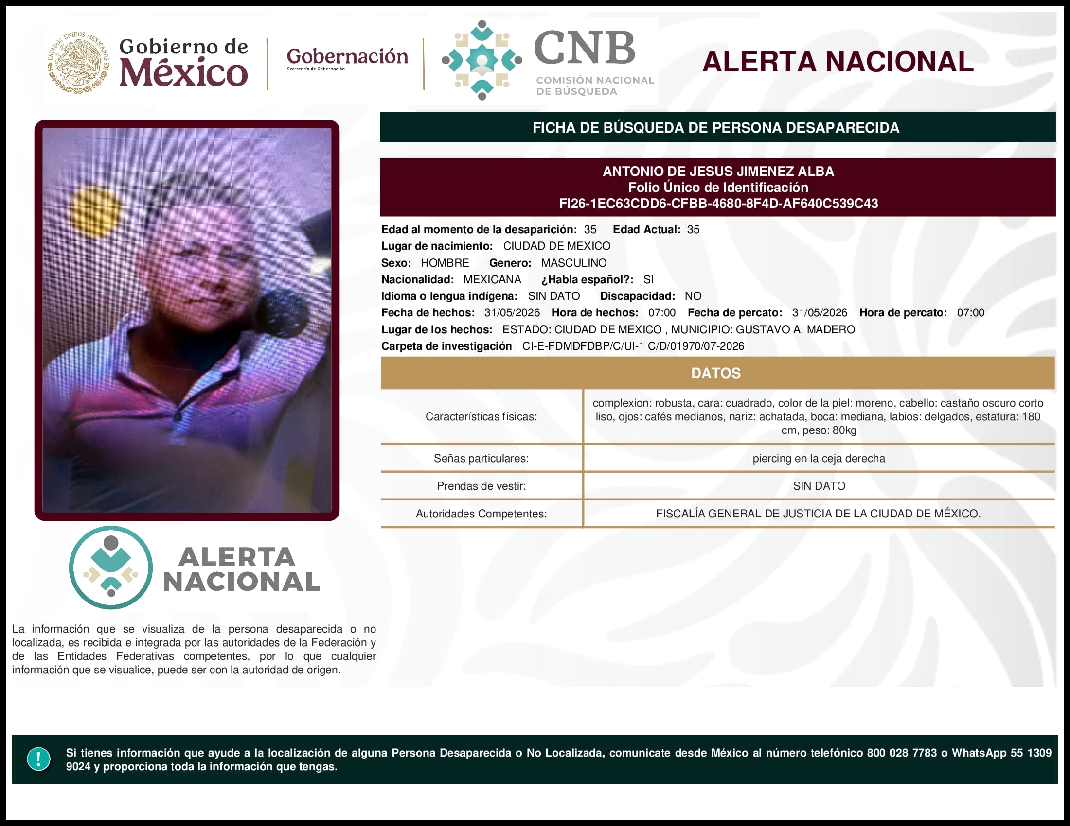 Persona desaparecida Antonio De Jesus Jimenez Alba