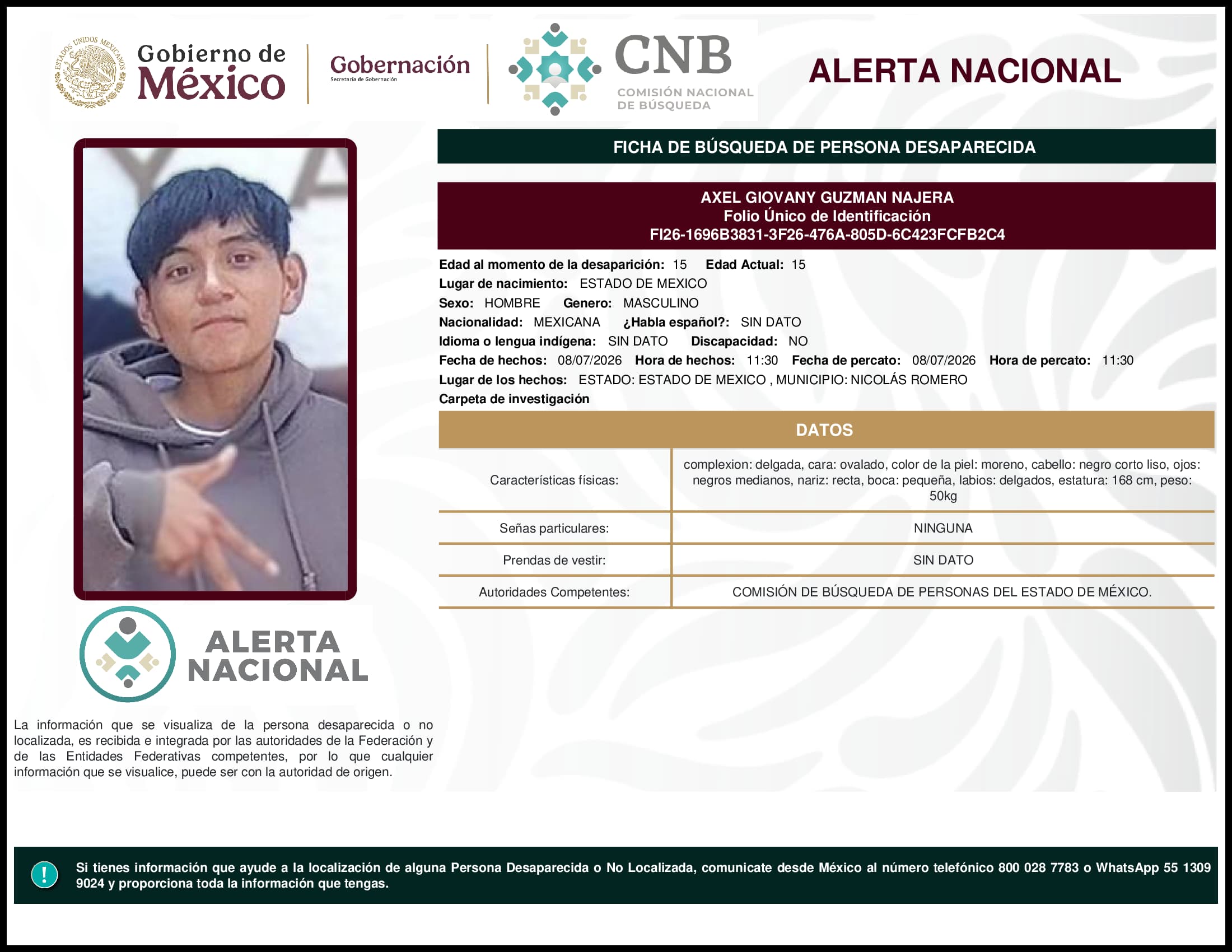 Persona desaparecida Axel Giovany Guzman Najera