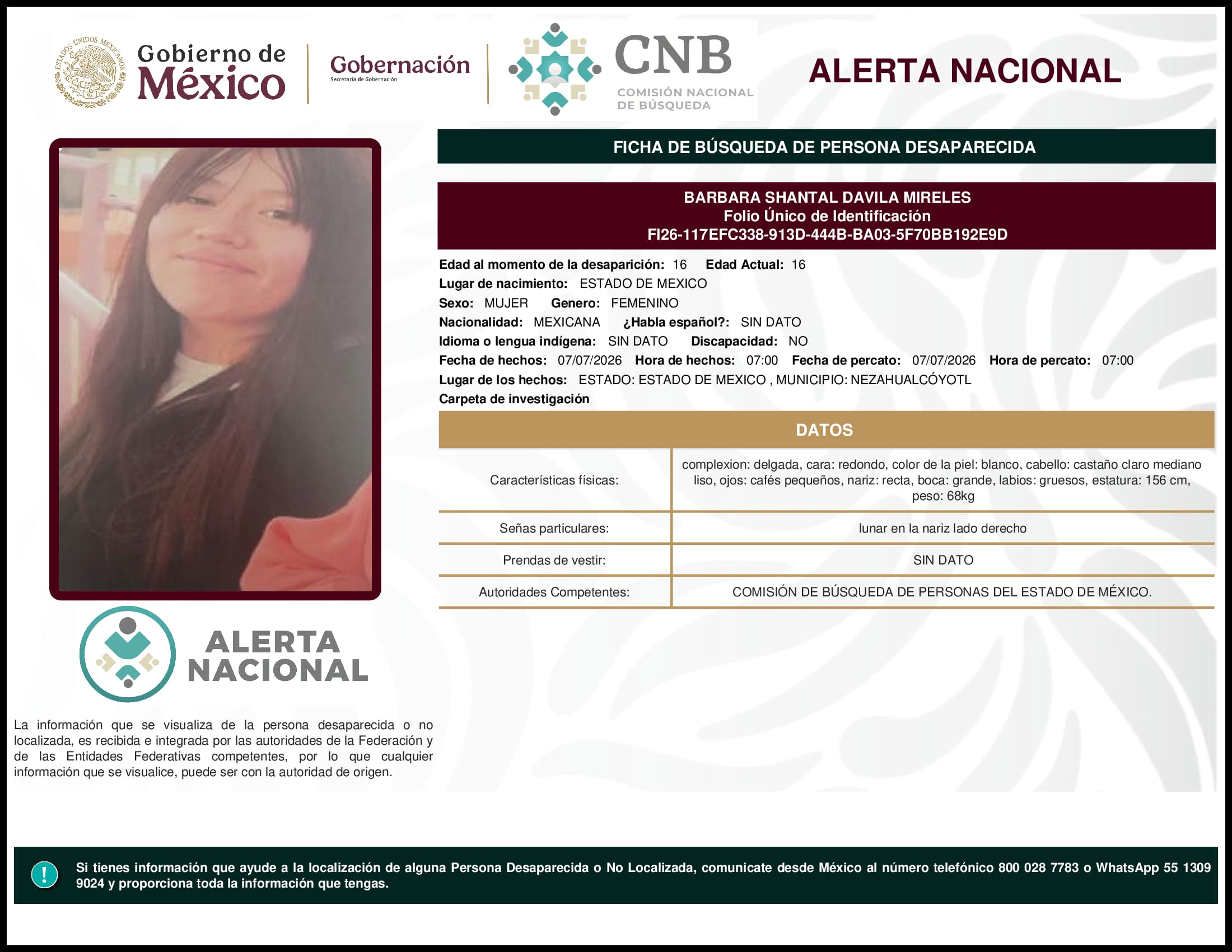 Persona desaparecida Barbara Shantal Davila Mireles