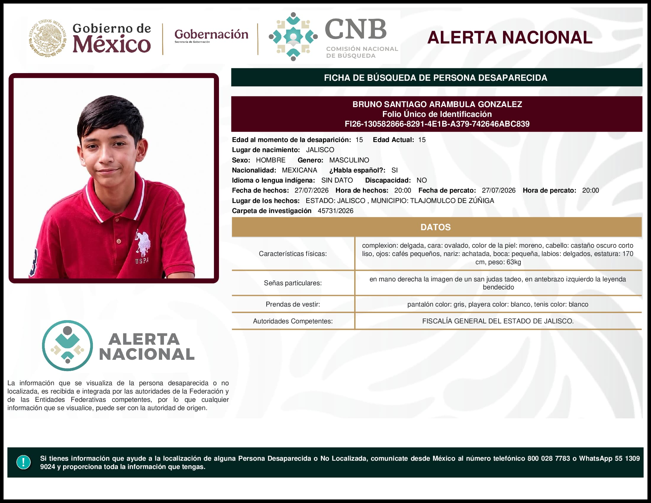 Persona desaparecida Bruno Santiago Arambula Gonzalez
