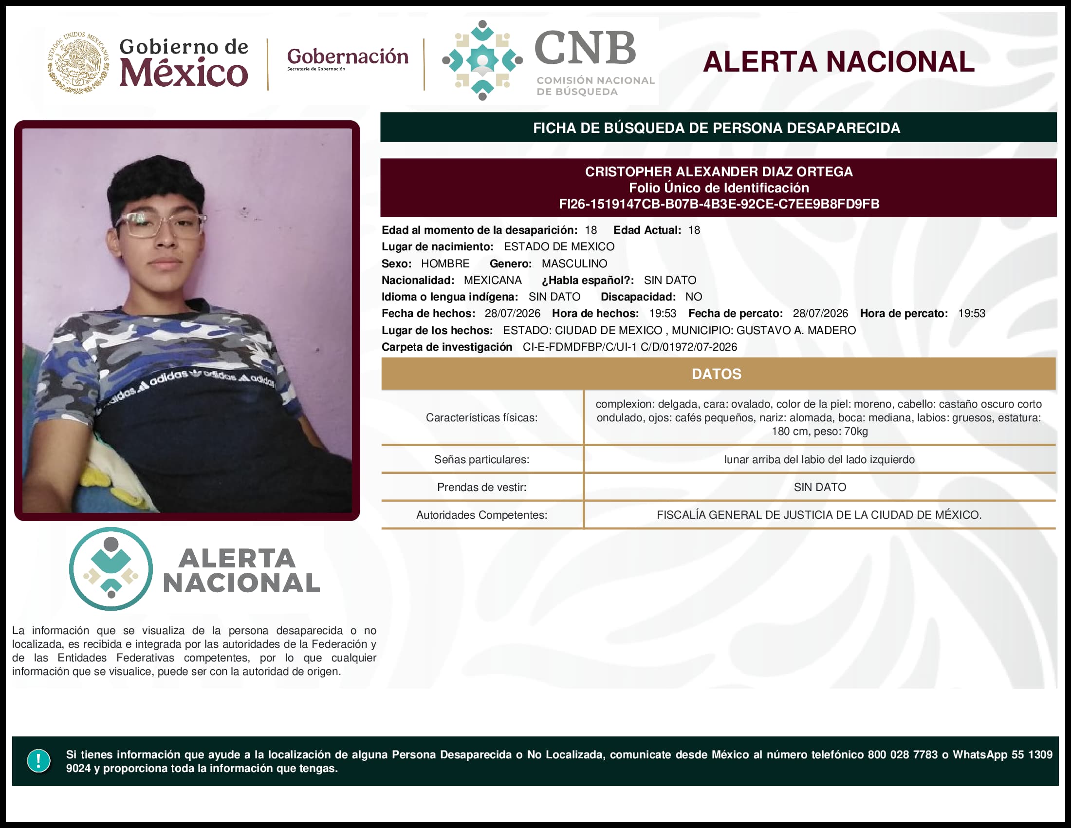 Persona desaparecida Cristopher Alexander Diaz Ortega