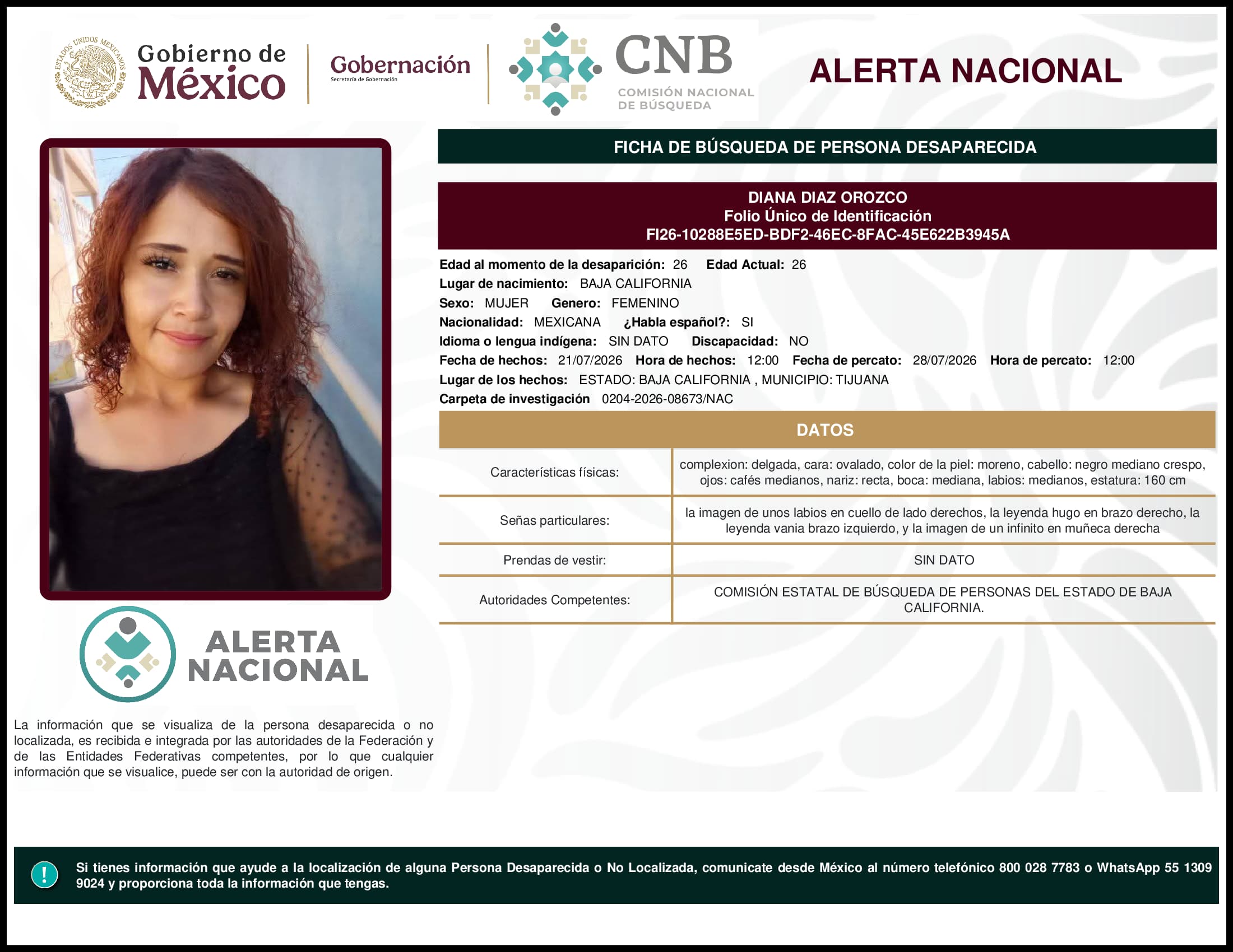 Persona desaparecida Diana Diaz Orozco