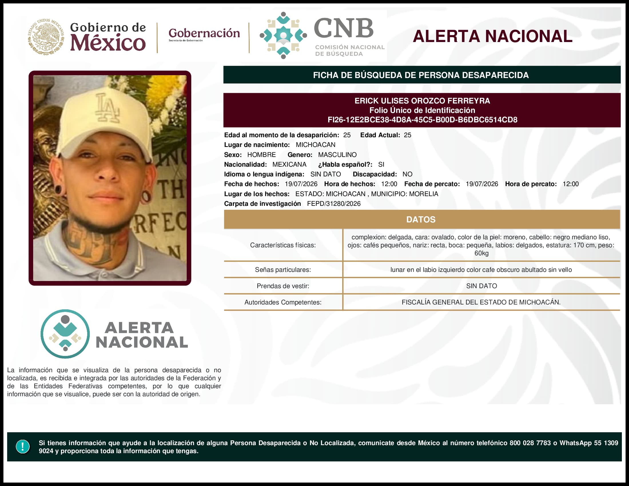 Persona desaparecida Erick Ulises Orozco Ferreyra