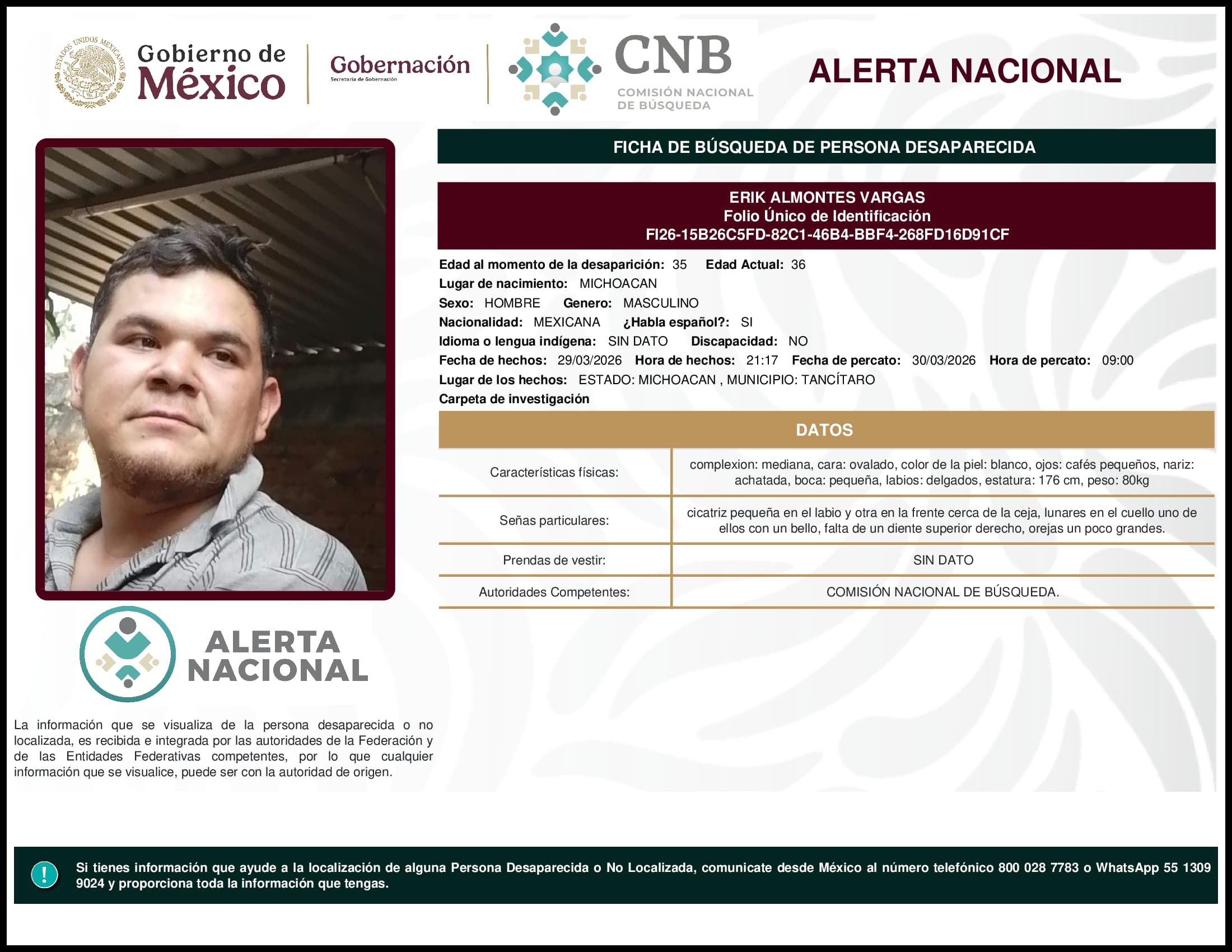 Persona desaparecida Erik Almontes Vargas