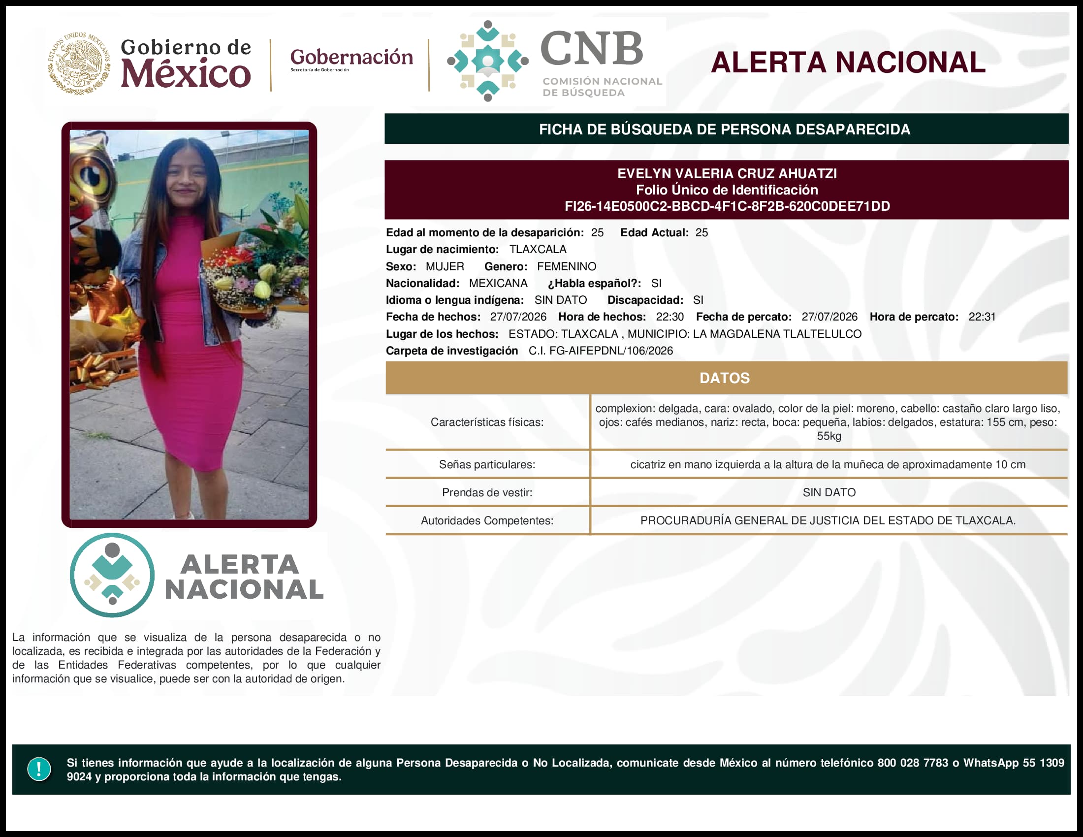 Persona desaparecida Evelyn Valeria Cruz Ahuatzi