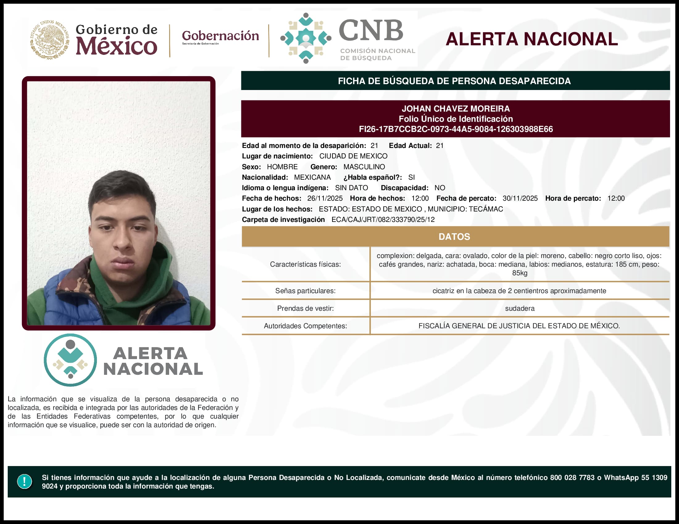 Persona desaparecida Johan Chavez Moreira