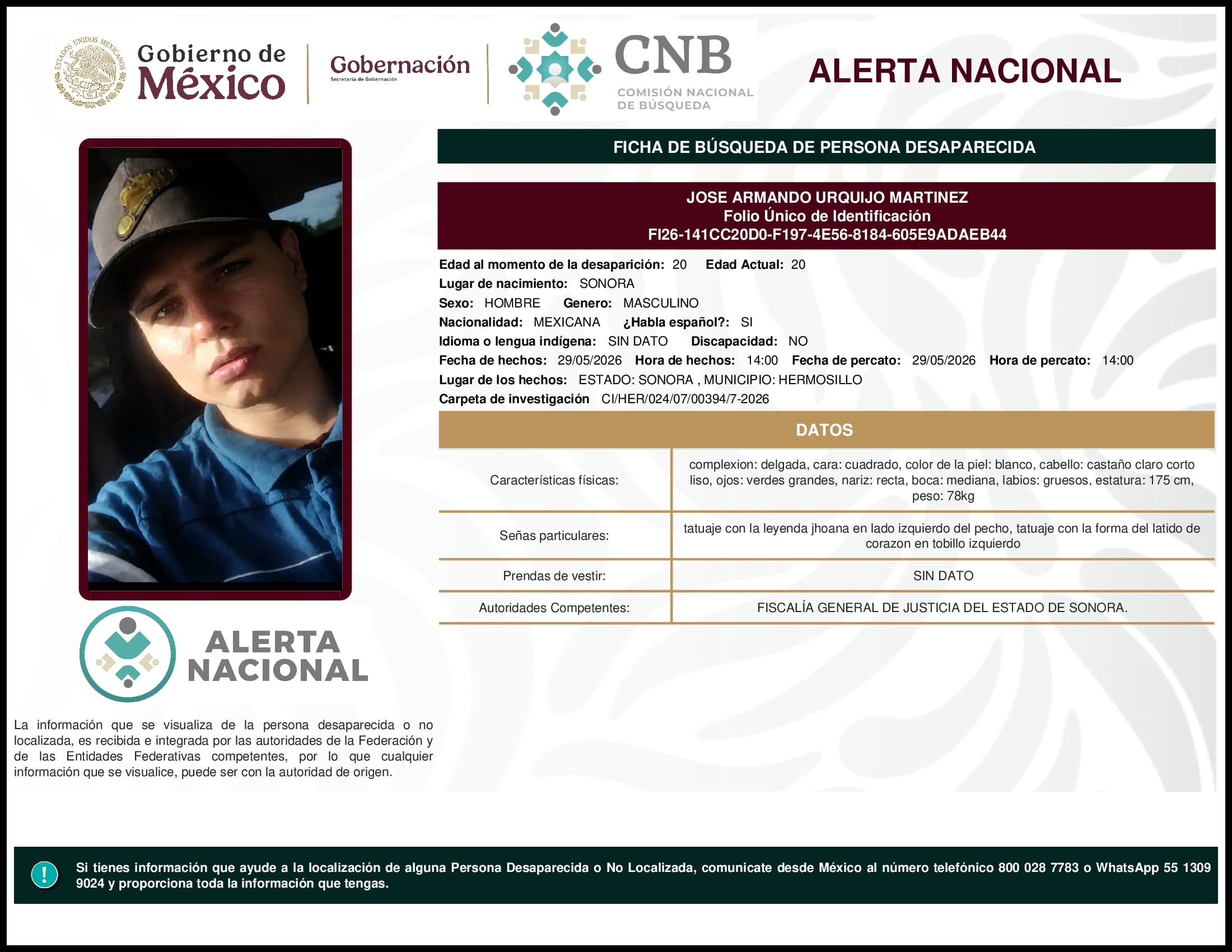 Persona desaparecida Jose Armando Urquijo Martinez