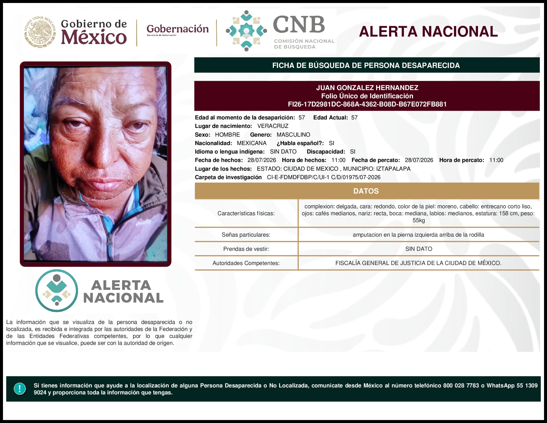 Persona desaparecida Juan Gonzalez Hernandez