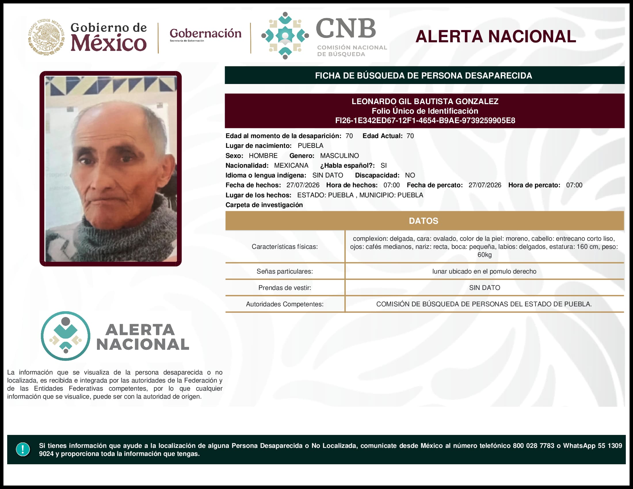 Persona desaparecida Leonardo Gil Bautista Gonzalez