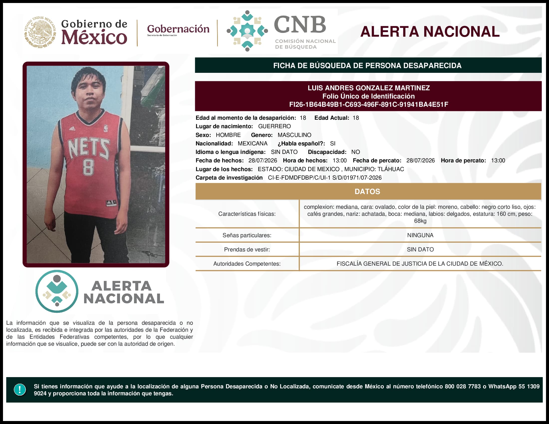 Persona desaparecida Luis Andres Gonzalez Martinez