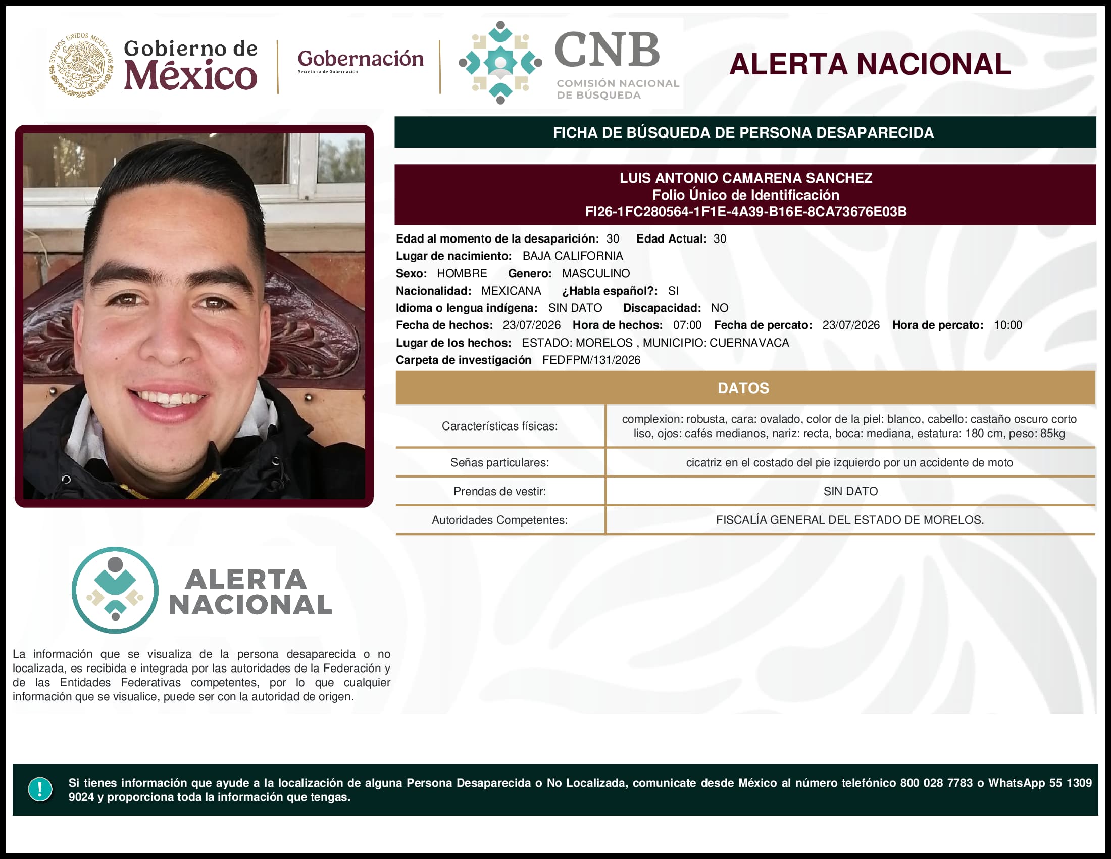 Persona desaparecida Luis Antonio Camarena Sanchez