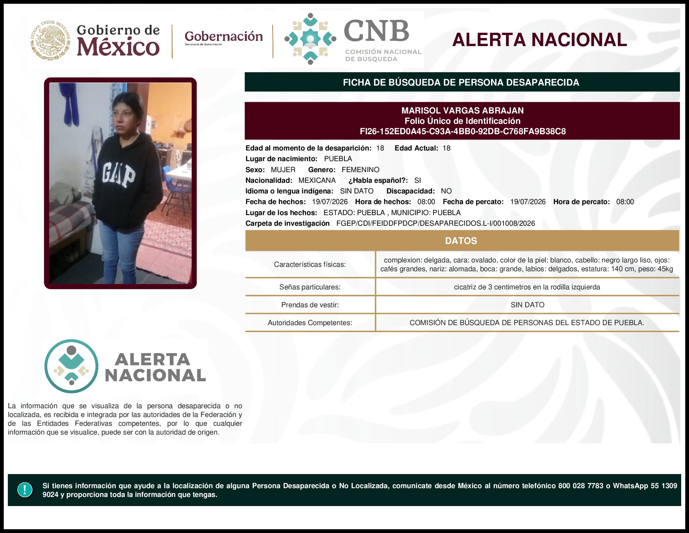 Persona desaparecida Marisol Vargas Abrajan