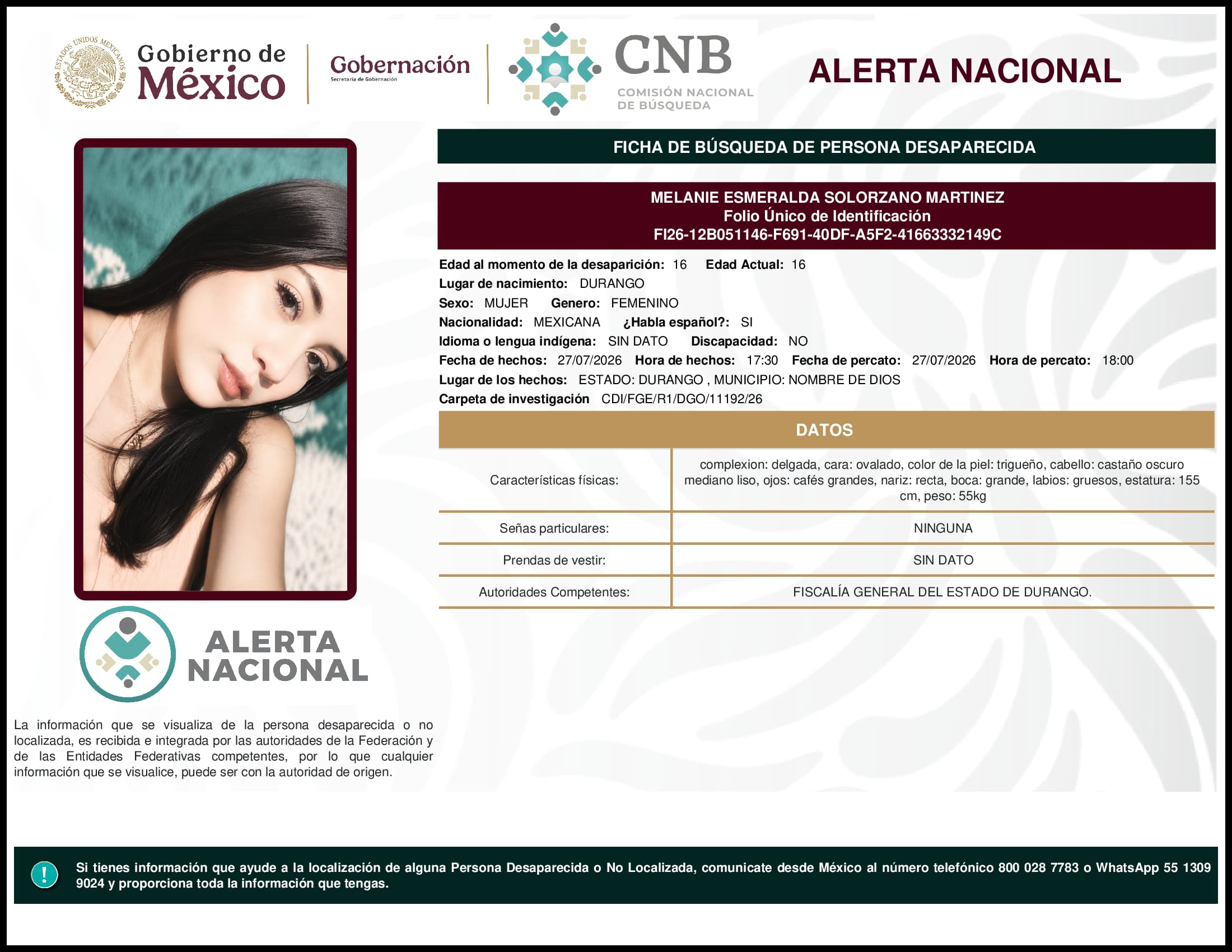 Persona desaparecida Melanie Esmeralda Solorzano Martinez
