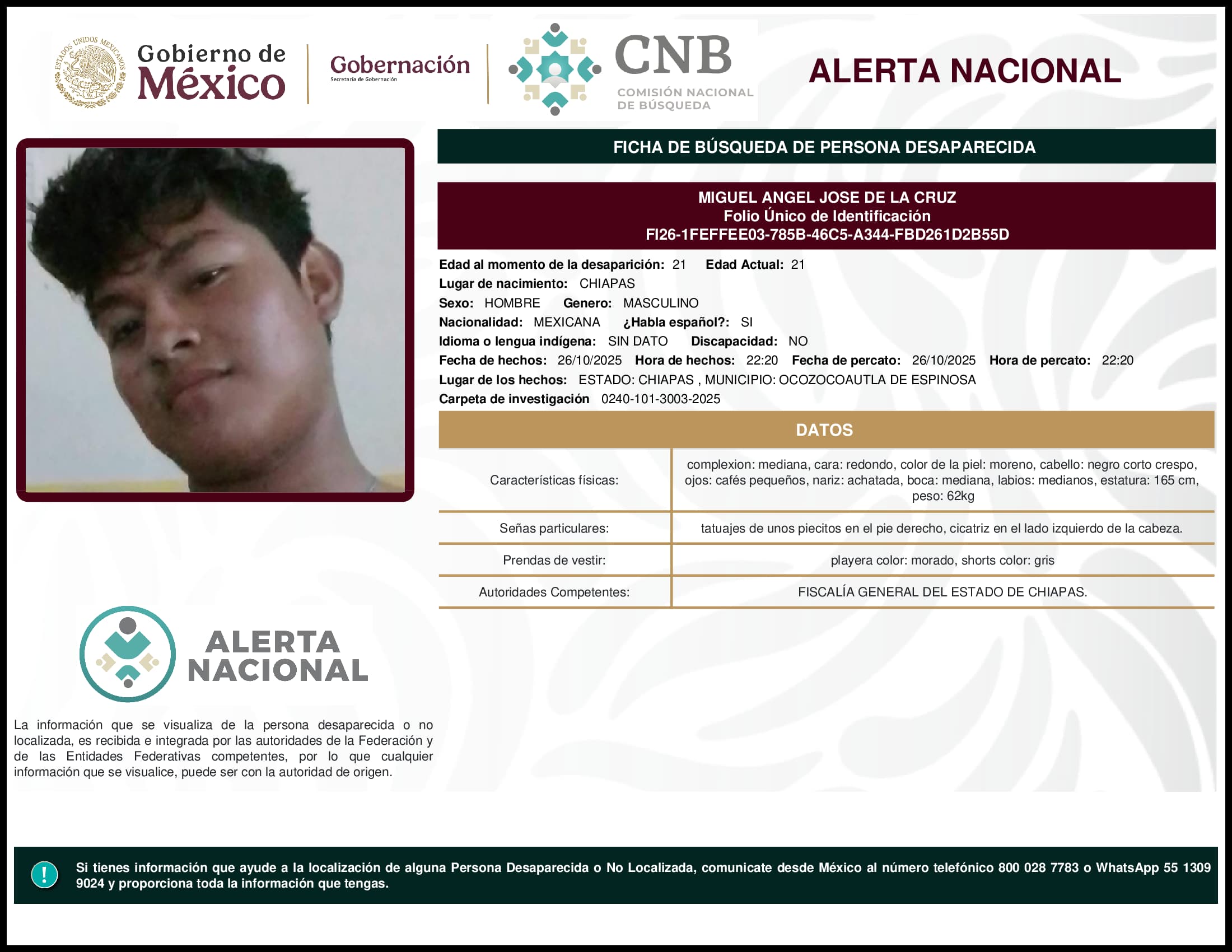 Persona desaparecida Miguel Angel Jose De La Cruz