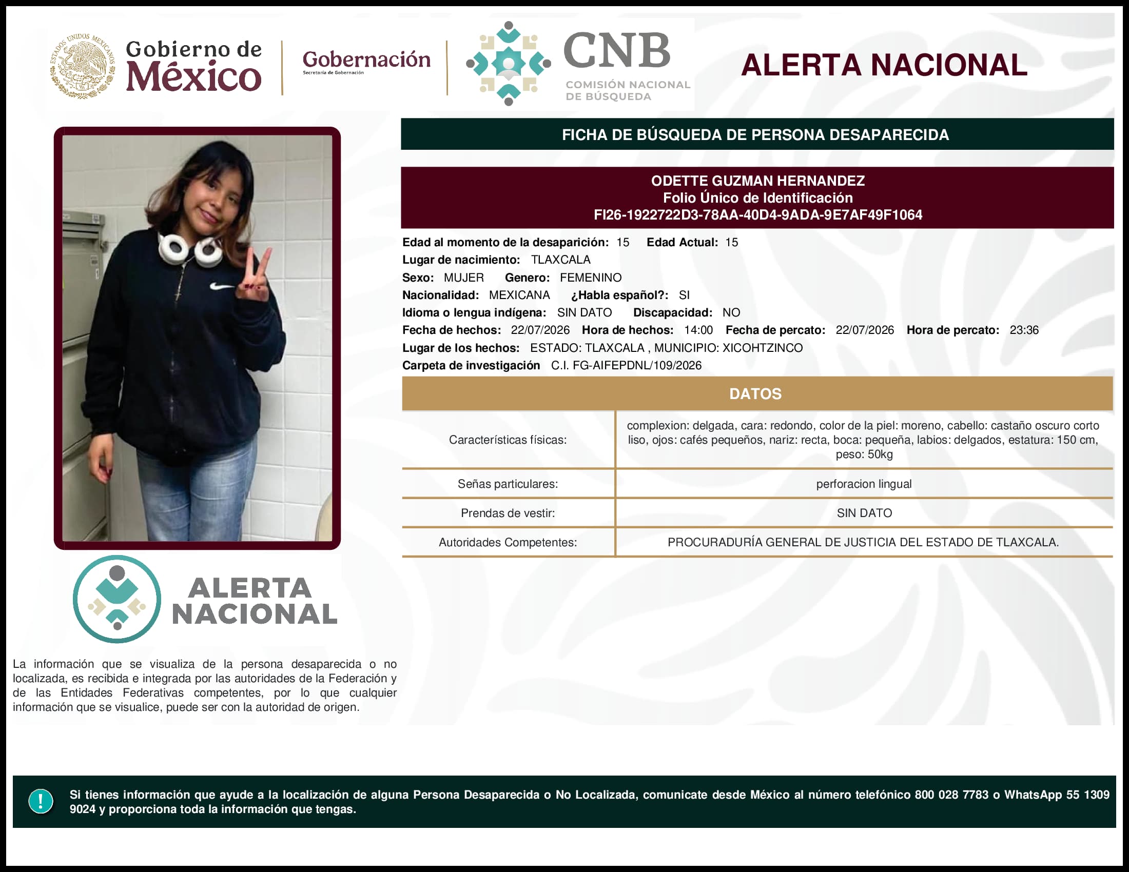 Persona desaparecida Odette Guzman Hernandez