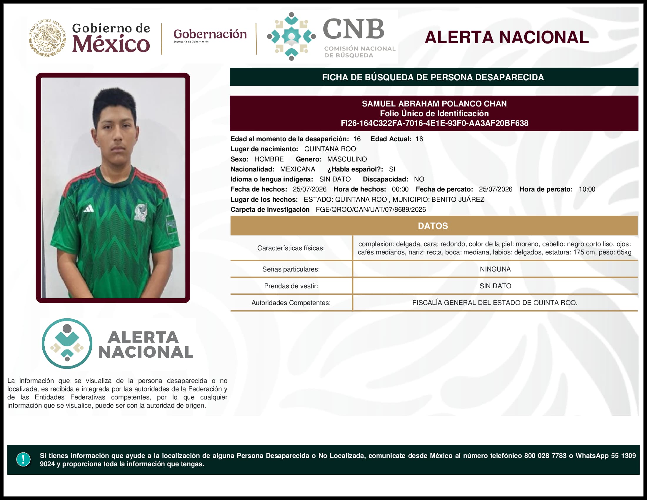 Persona desaparecida Samuel Abraham Polanco Chan