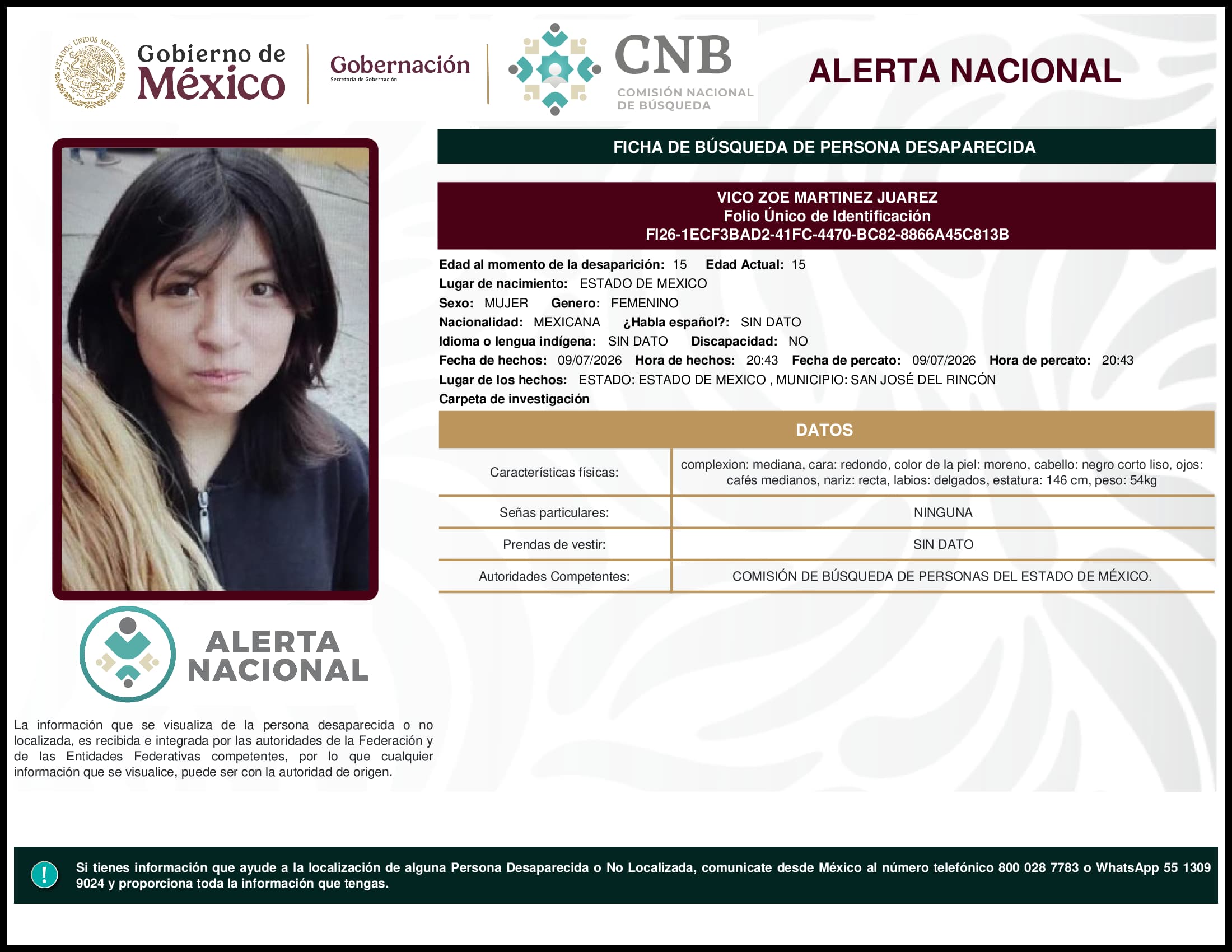 Persona desaparecida Vico Zoe Martinez Juarez