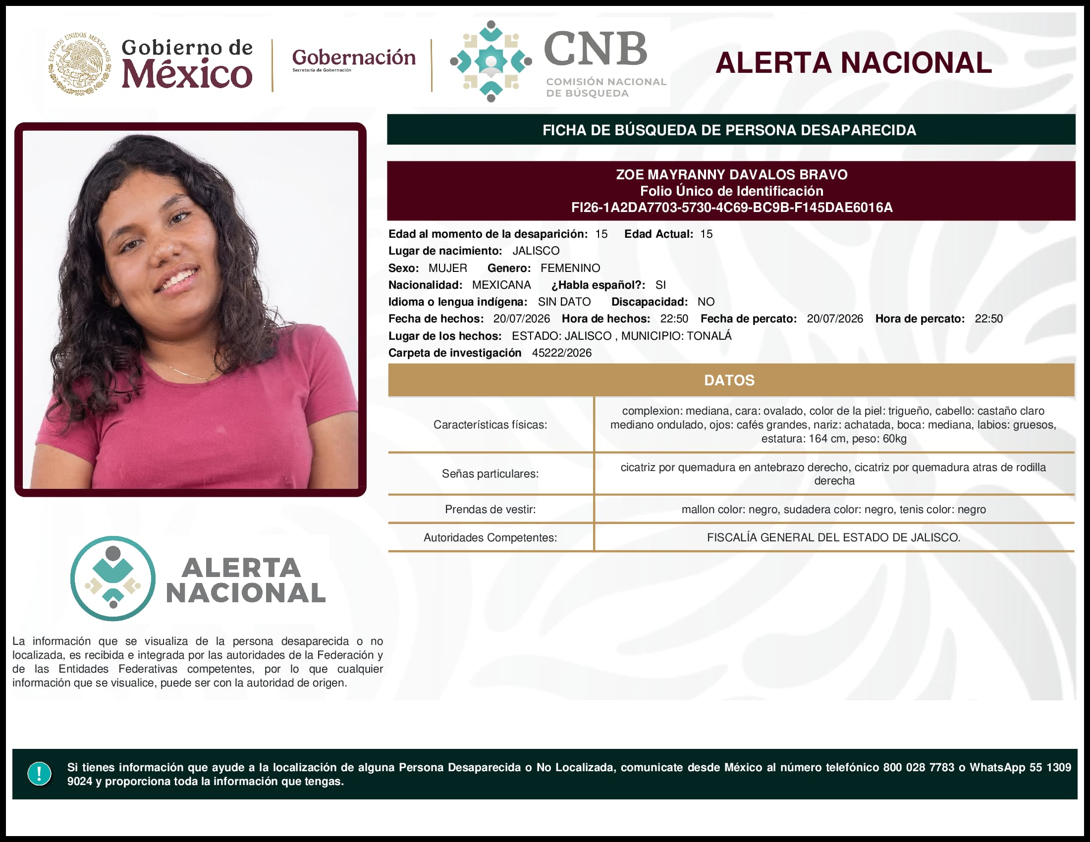 Persona desaparecida Zoe Mayranny Davalos Bravo