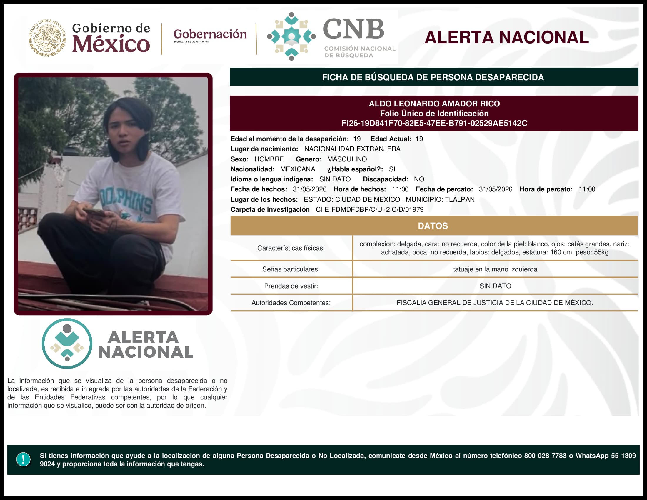 Persona desaparecida Aldo Leonardo Amador Rico