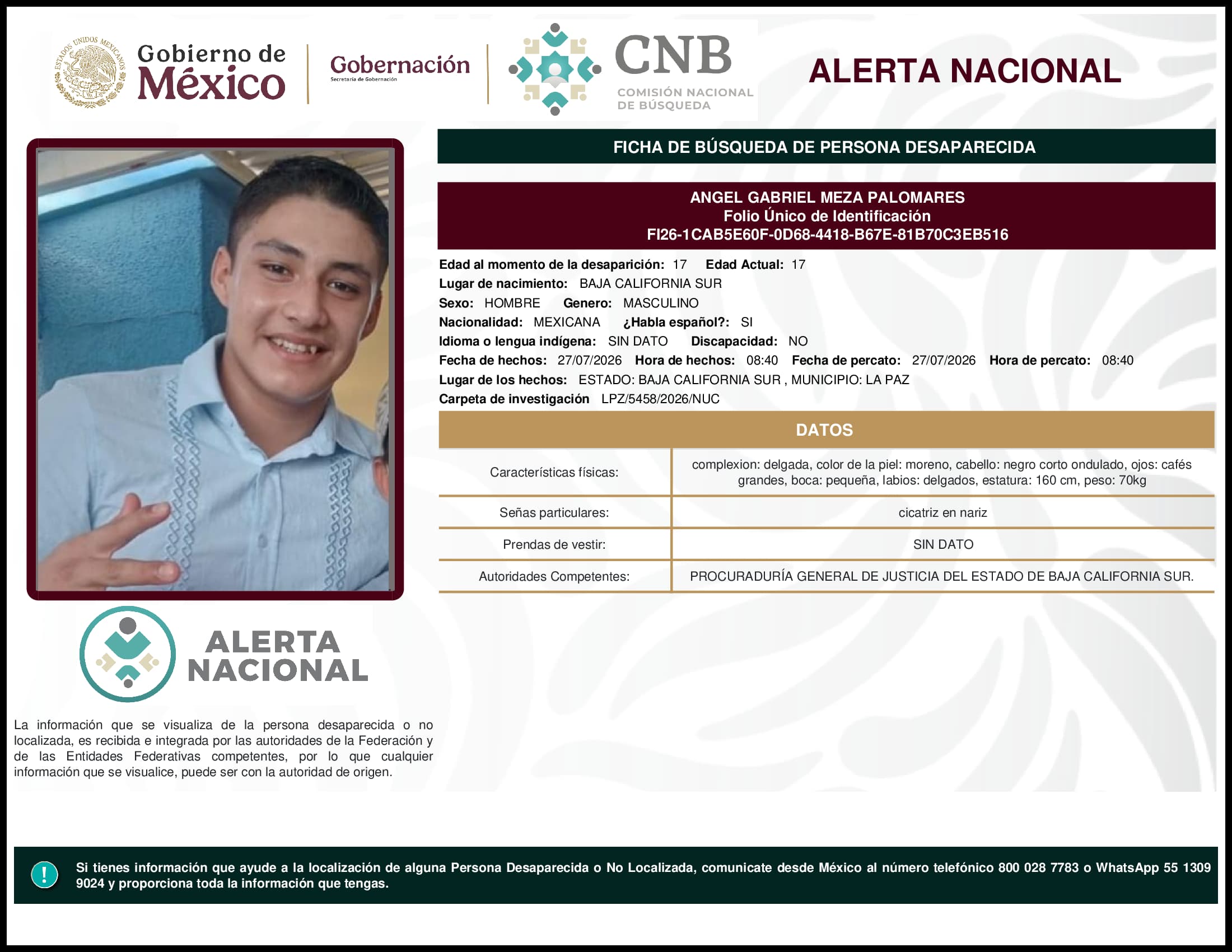 Persona desaparecida Angel Gabriel Meza Palomares