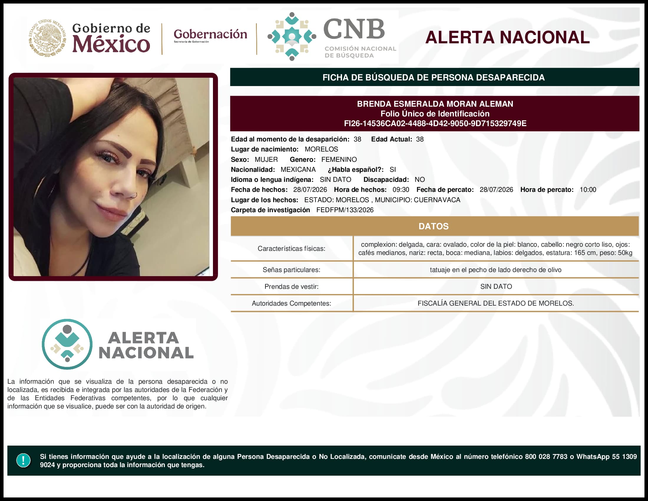 Persona desaparecida Brenda Esmeralda Moran Aleman