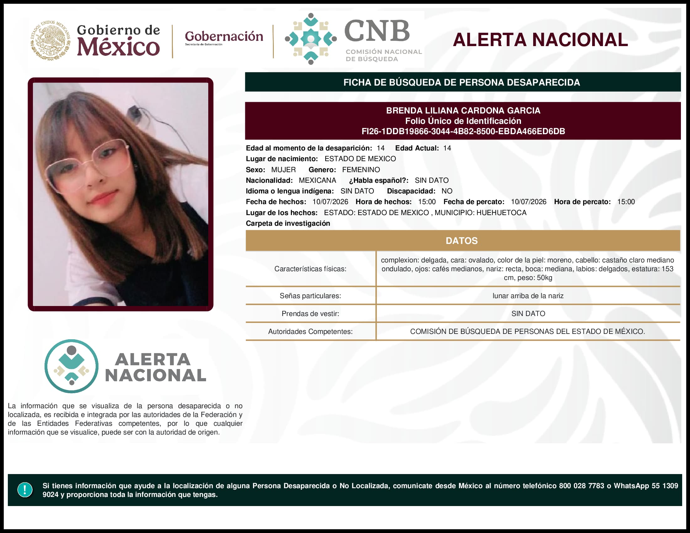 Persona desaparecida Brenda Liliana Cardona Garcia