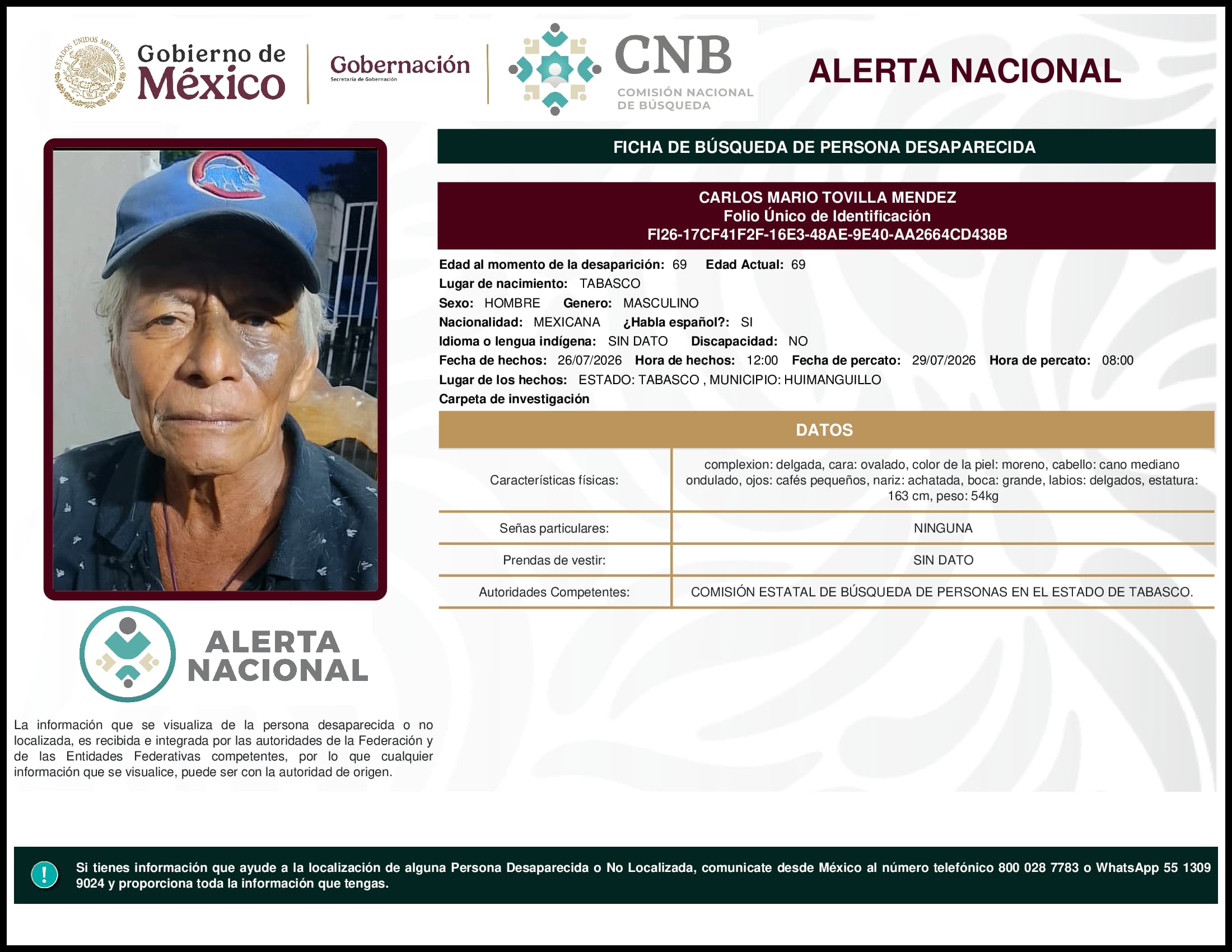 Persona desaparecida Carlos Mario Tovilla Mendez