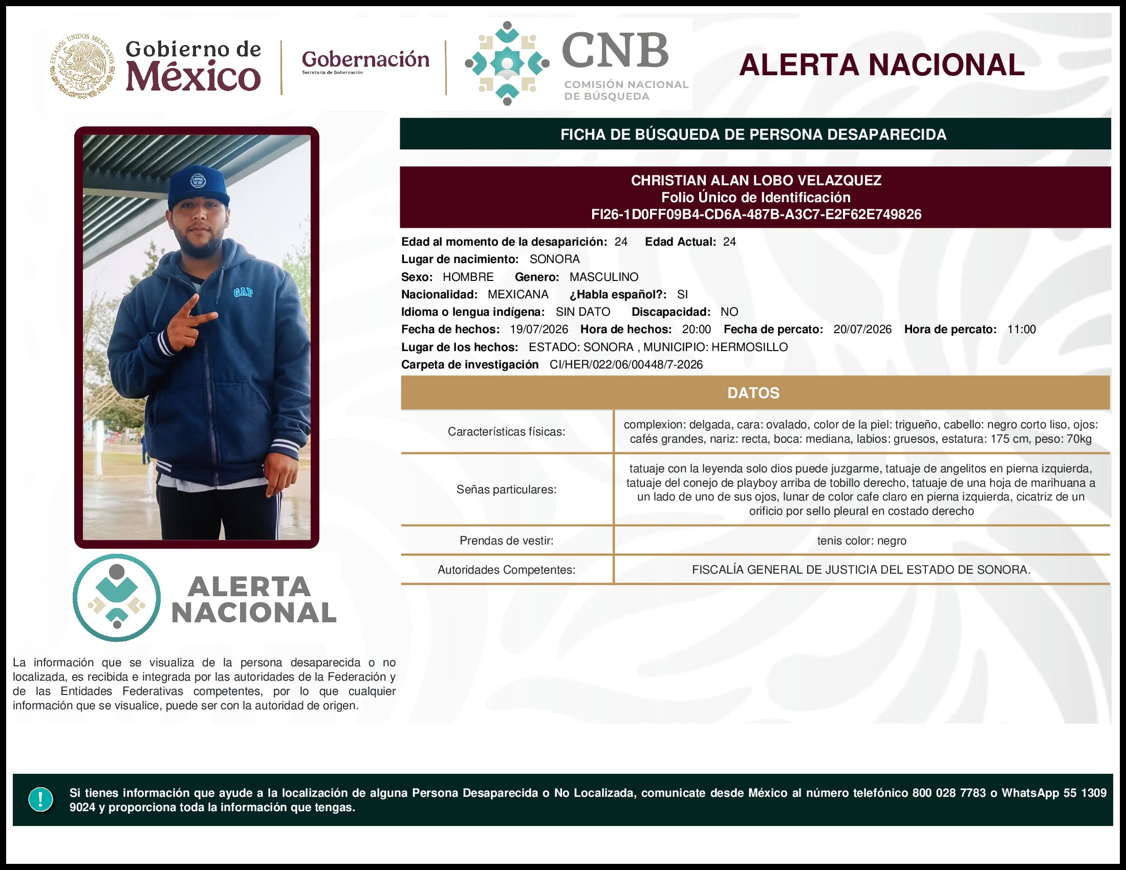Persona desaparecida Christian Alan Lobo Velazquez