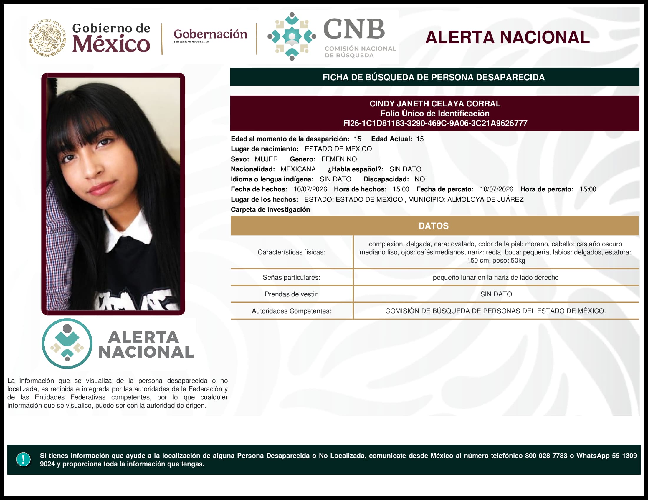 Persona desaparecida Cindy Janeth Celaya Corral