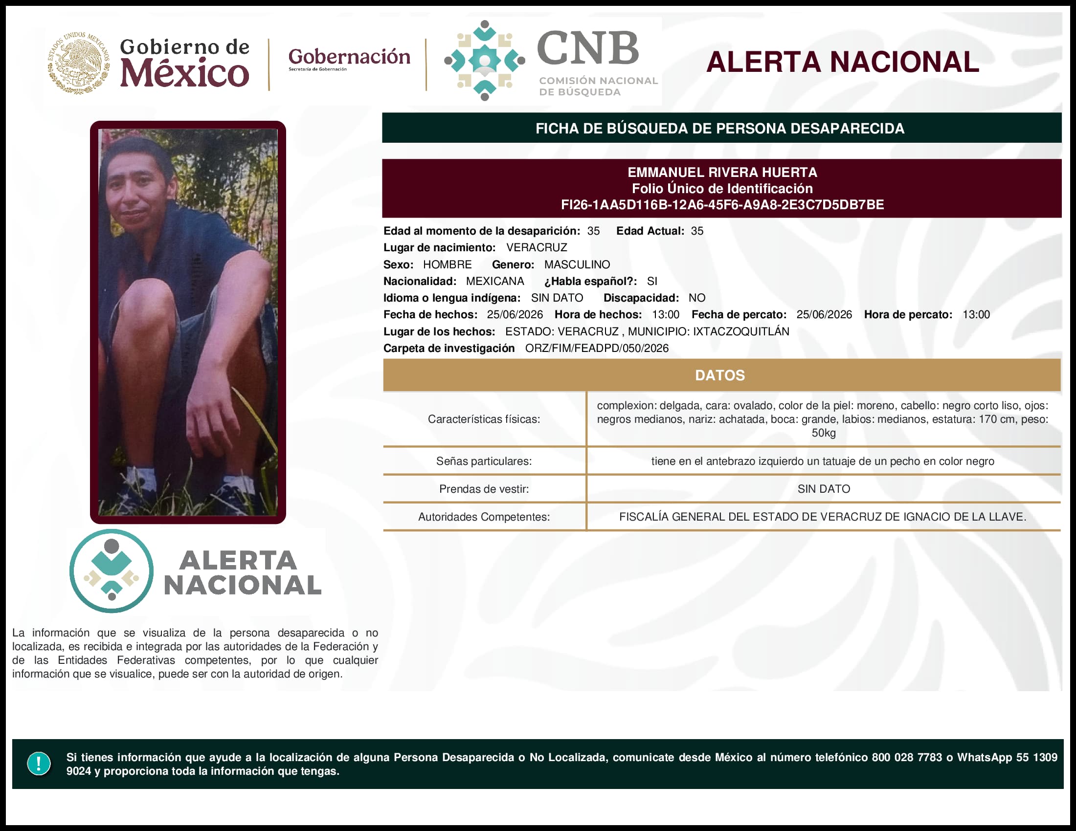Persona desaparecida Emmanuel Rivera Huerta