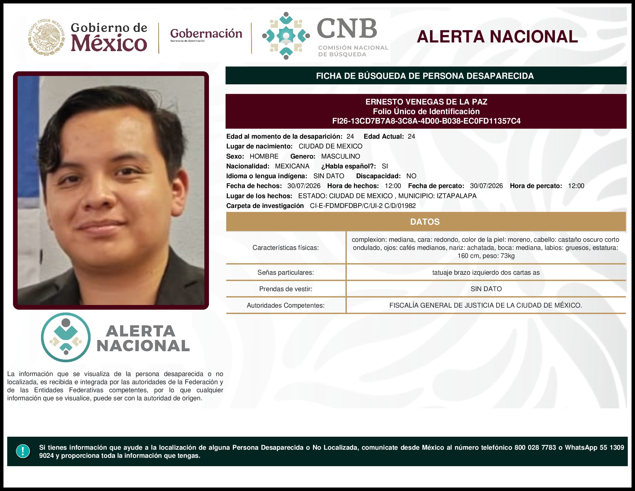 Persona desaparecida Ernesto Venegas De La Paz