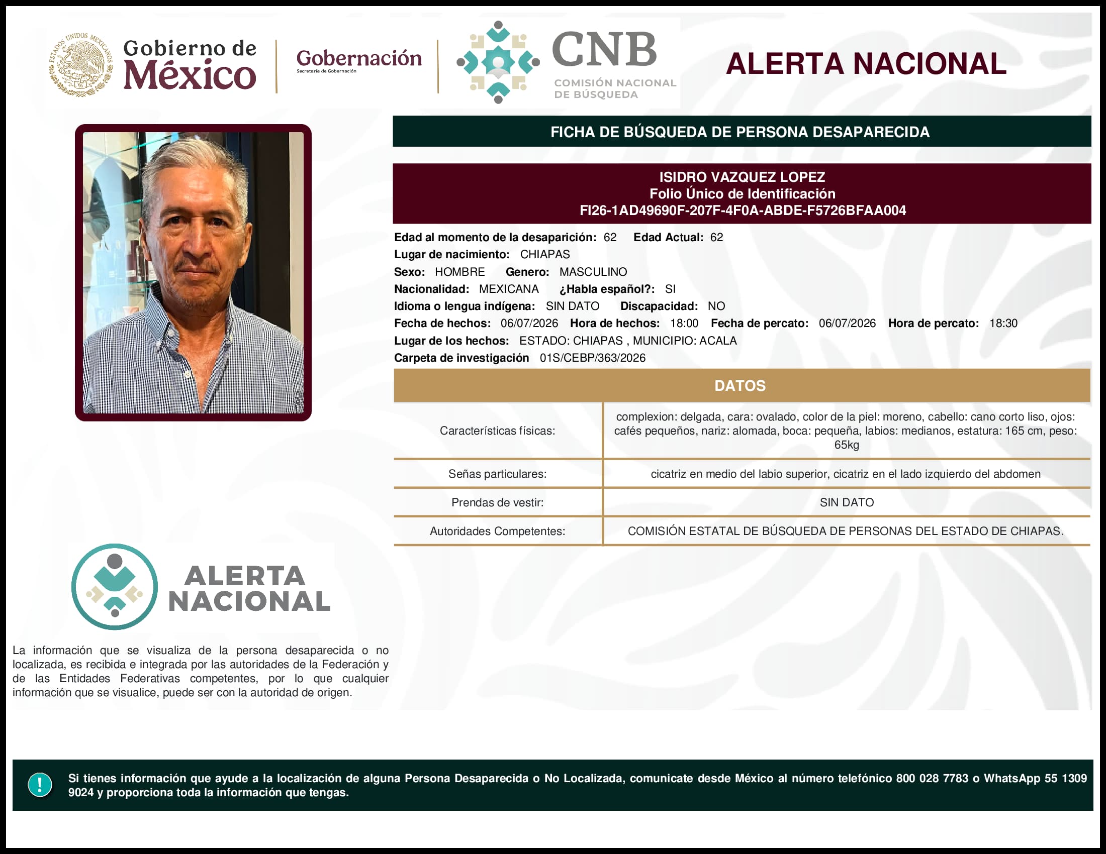Persona desaparecida Isidro Vazquez Lopez