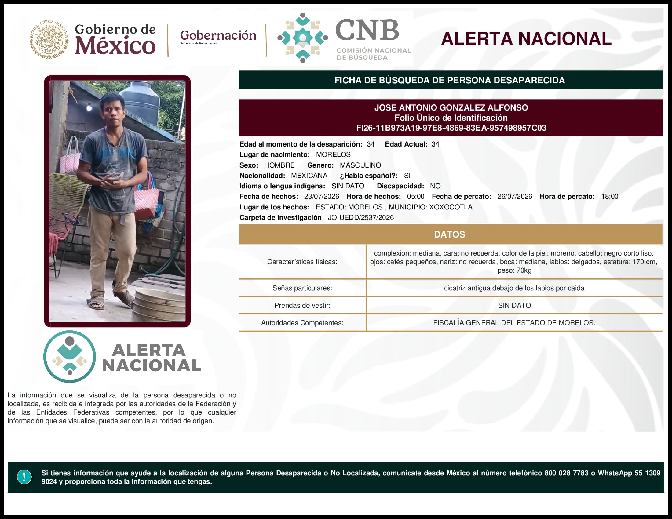 Persona desaparecida Jose Antonio Gonzalez Alfonso