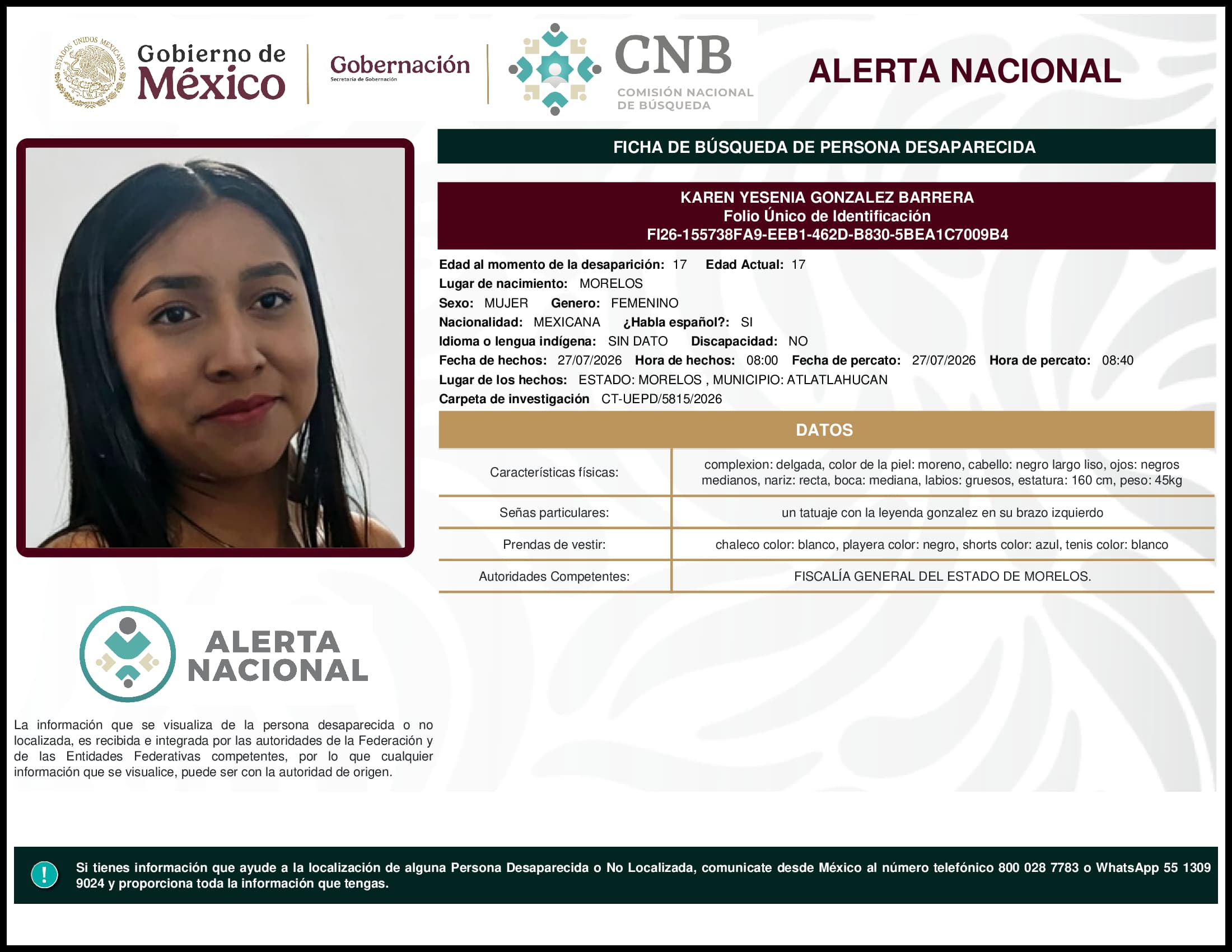 Persona desaparecida Karen Yesenia Gonzalez Barrera