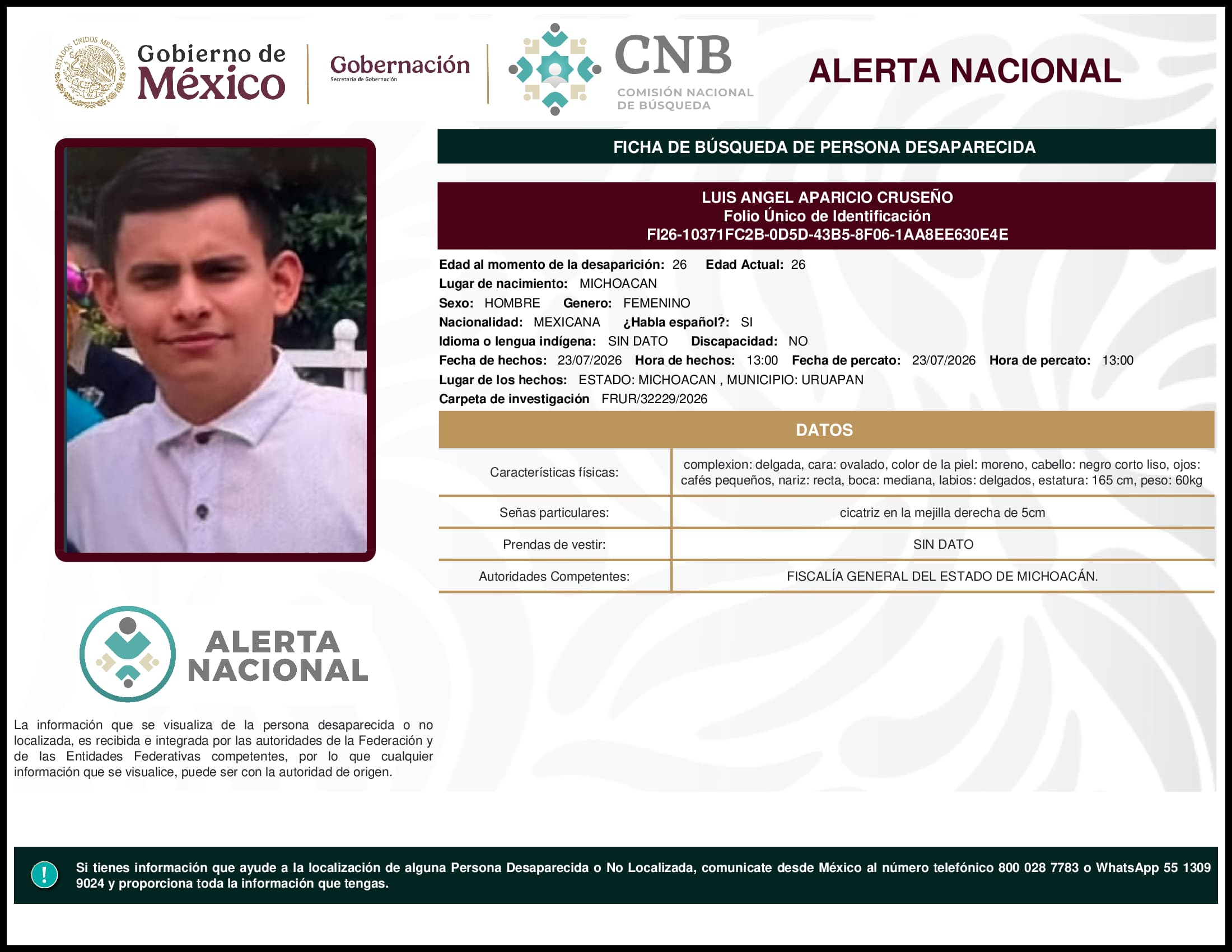 Persona desaparecida Luis Angel Aparicio Cruseno