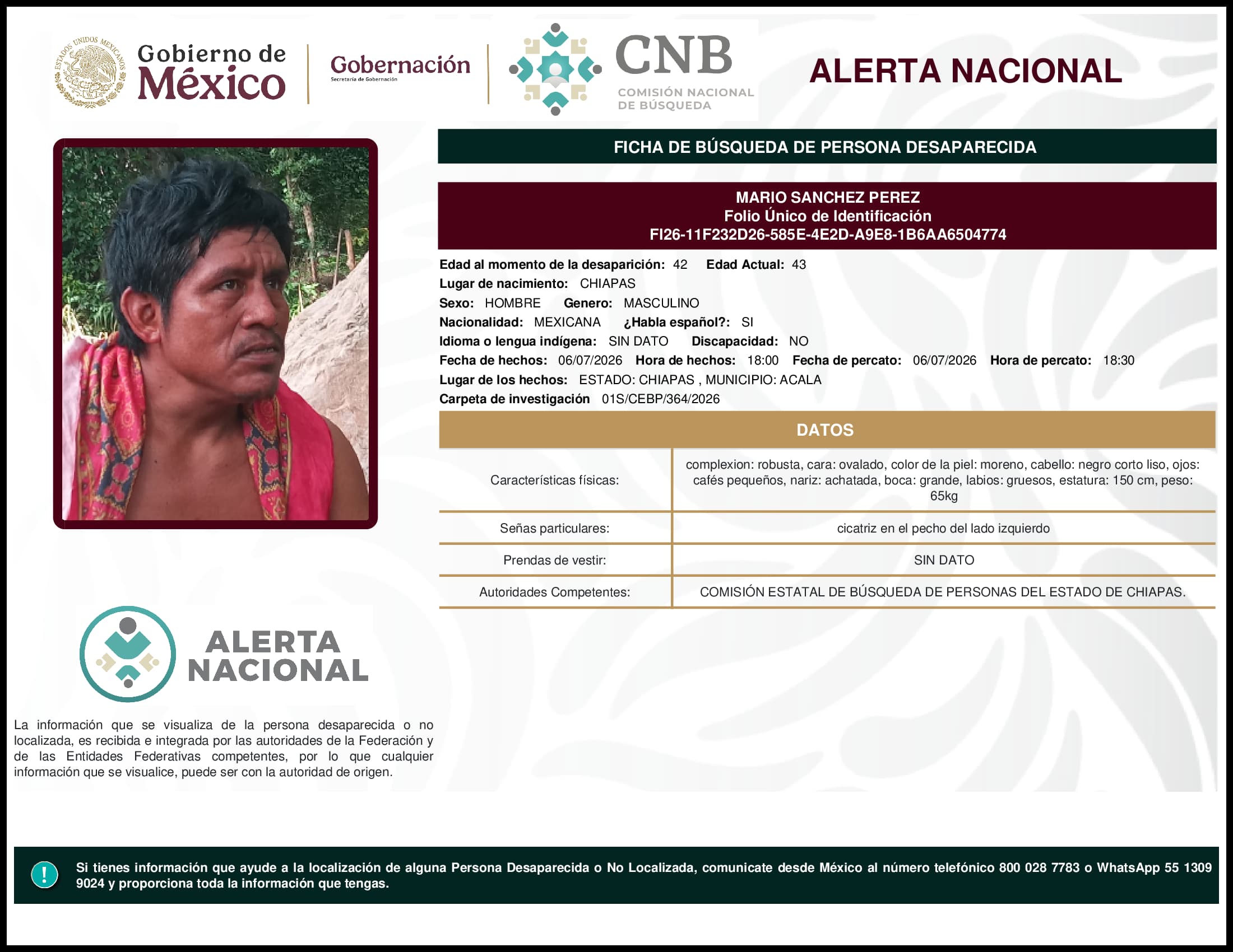 Persona desaparecida Mario Sanchez Perez