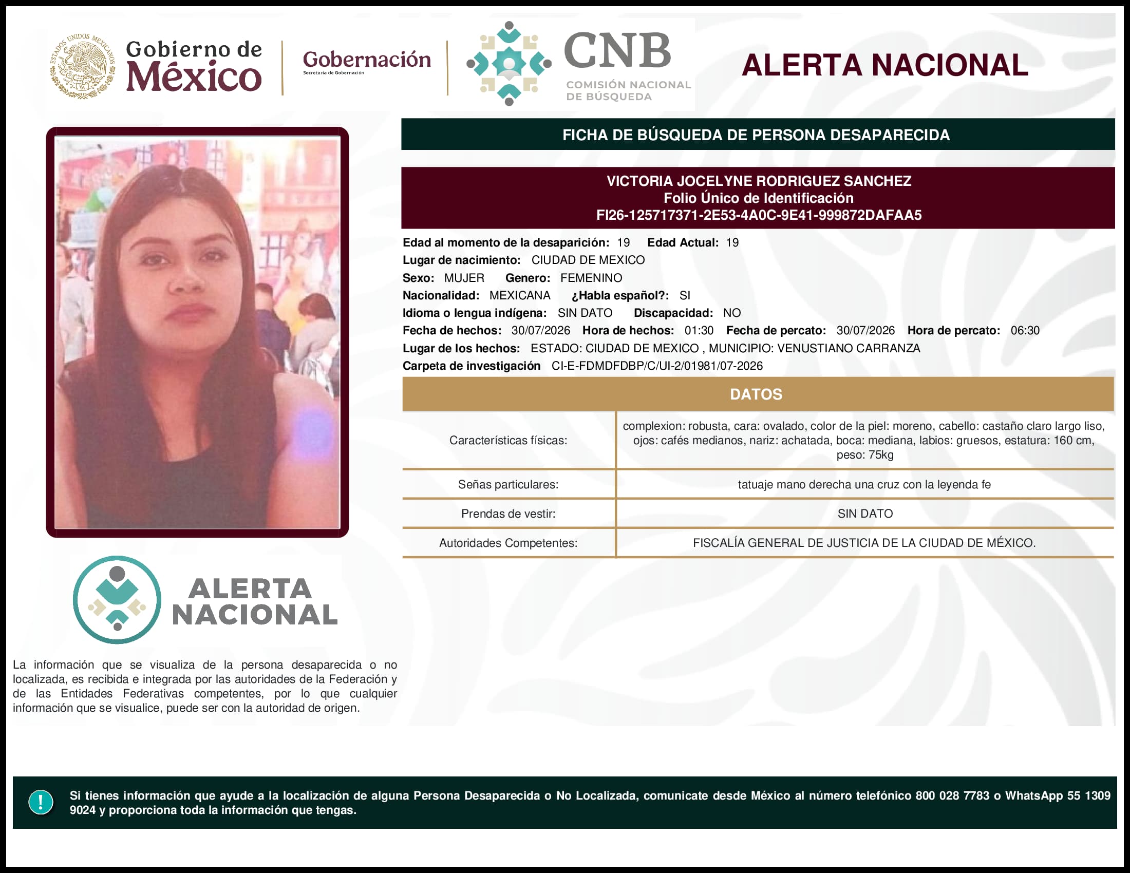Persona desaparecida Victoria Jocelyne Rodriguez Sanchez