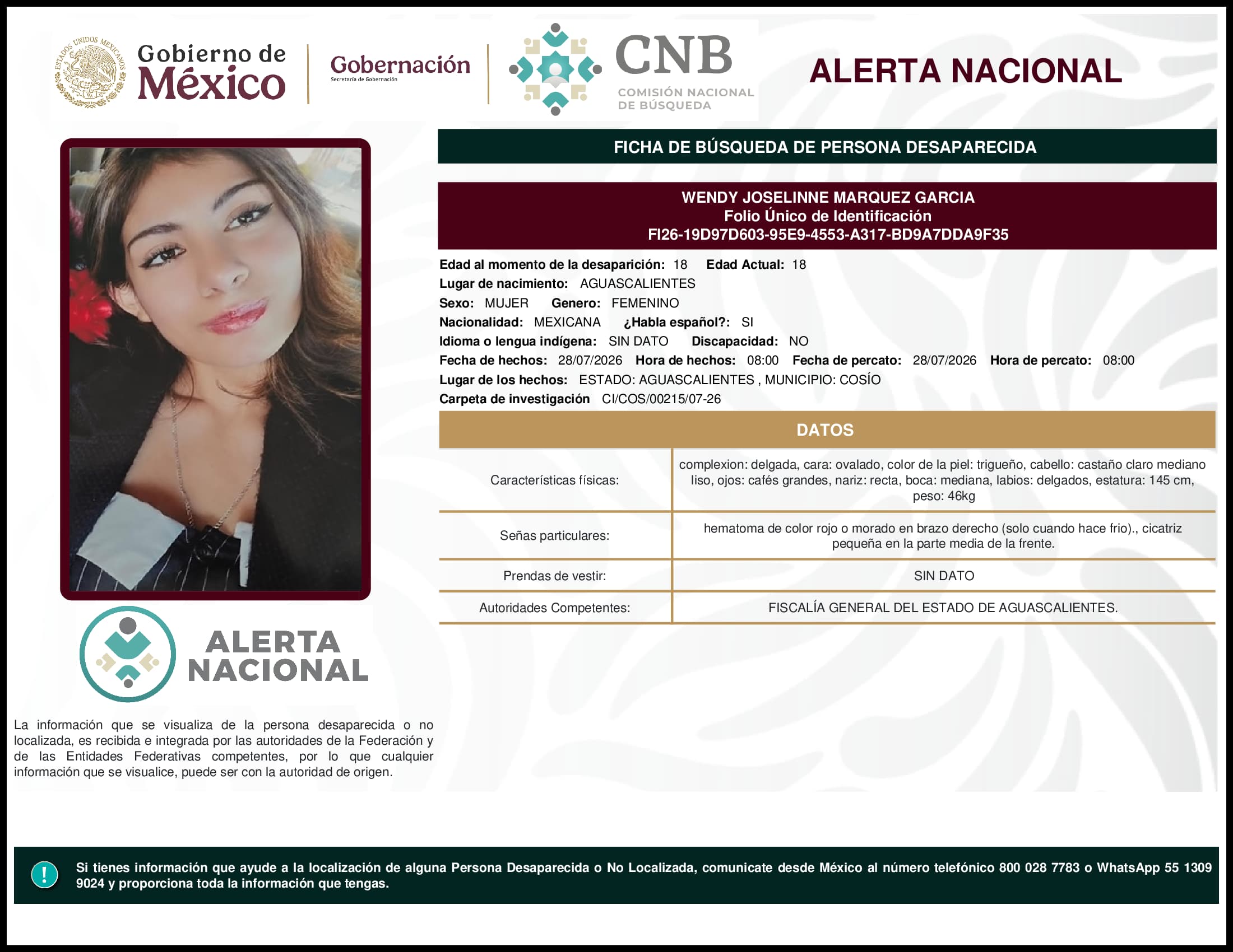 Persona desaparecida Wendy Joselinne Marquez Garcia