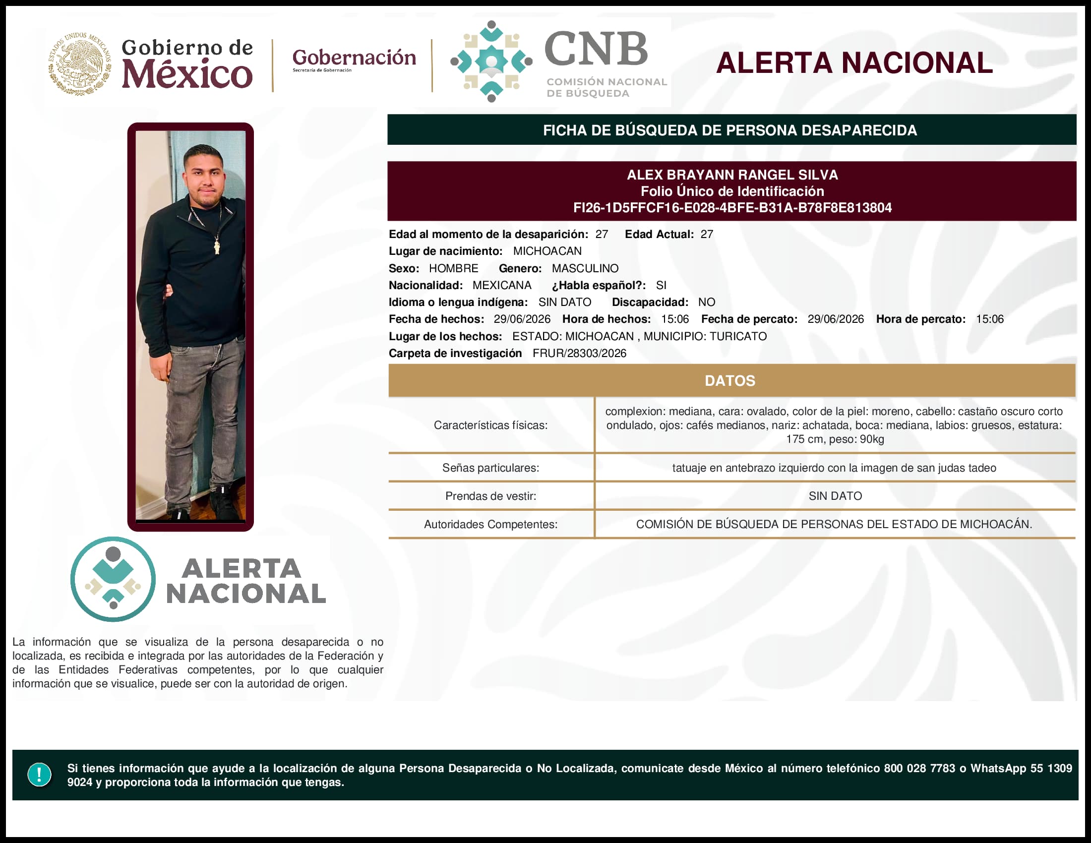 Persona desaparecida Alex Brayann Rangel Silva