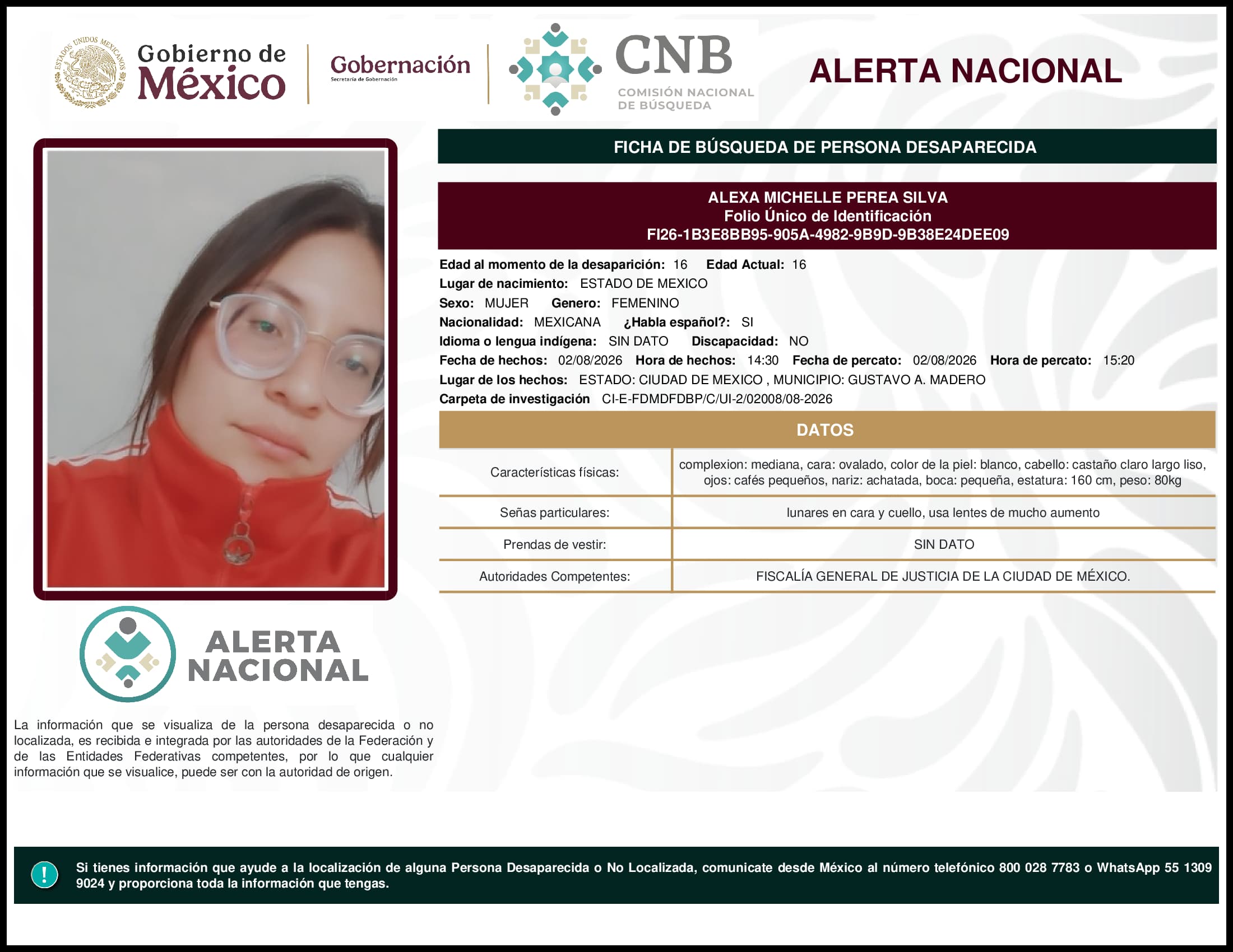 Persona desaparecida Alexa Michelle Perea Silva