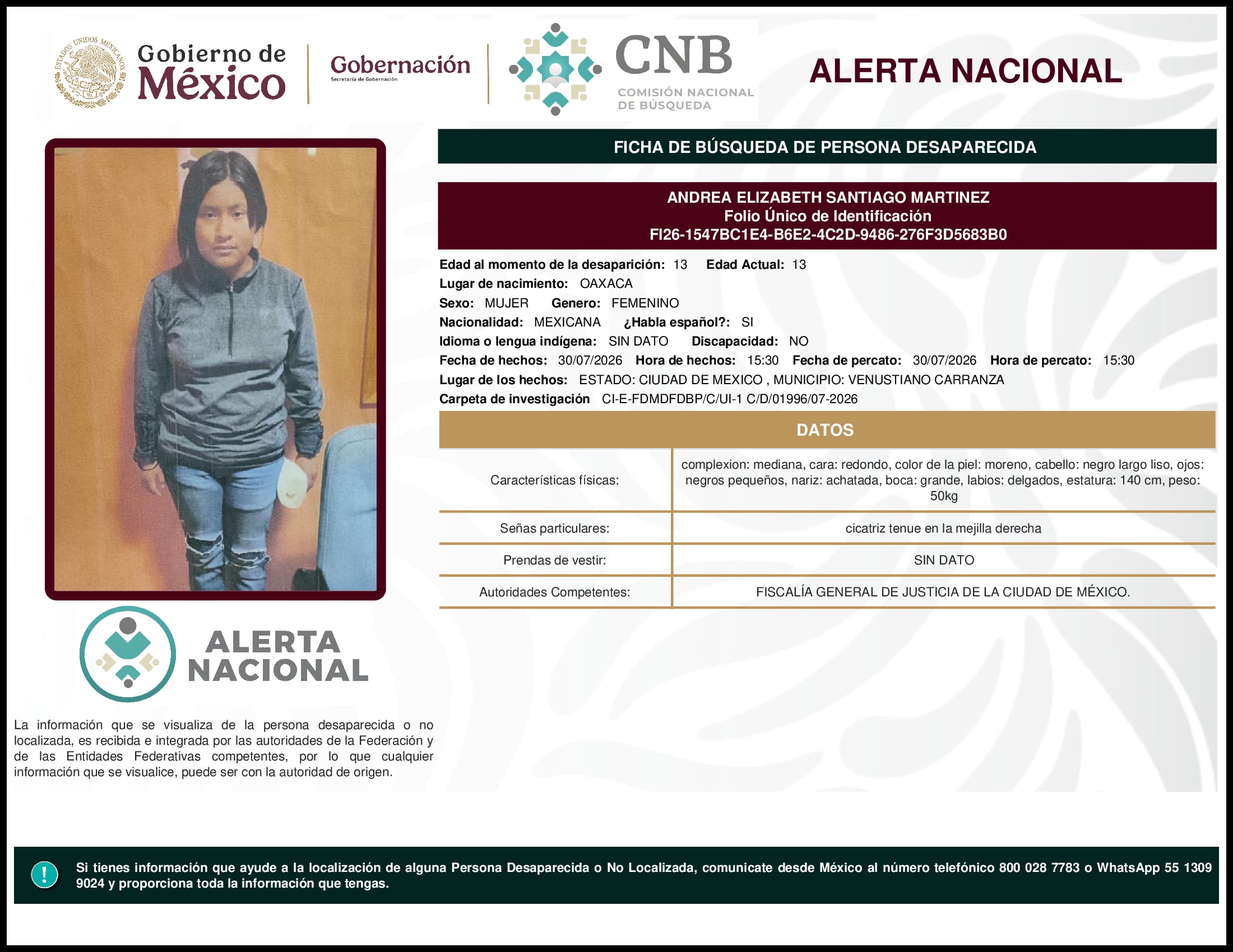 Persona desaparecida Andrea Elizabeth Santiago Martinez
