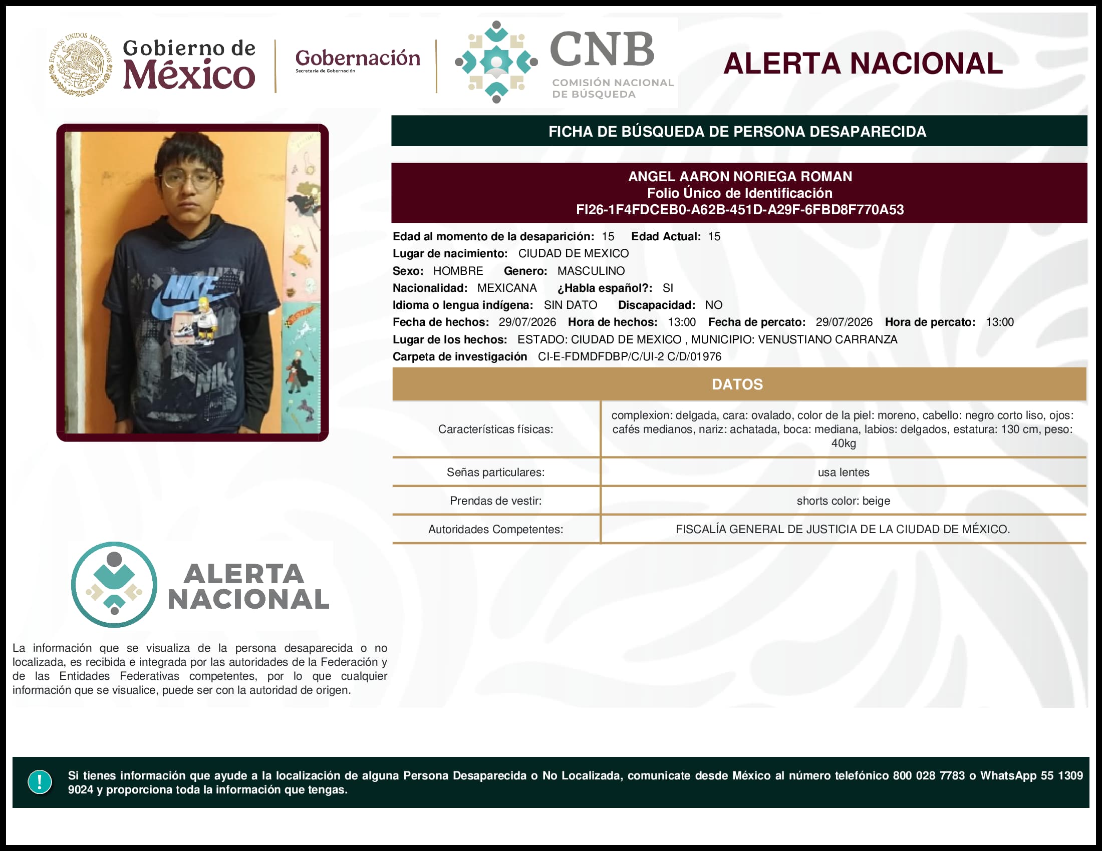 Persona desaparecida Angel Aaron Noriega Roman